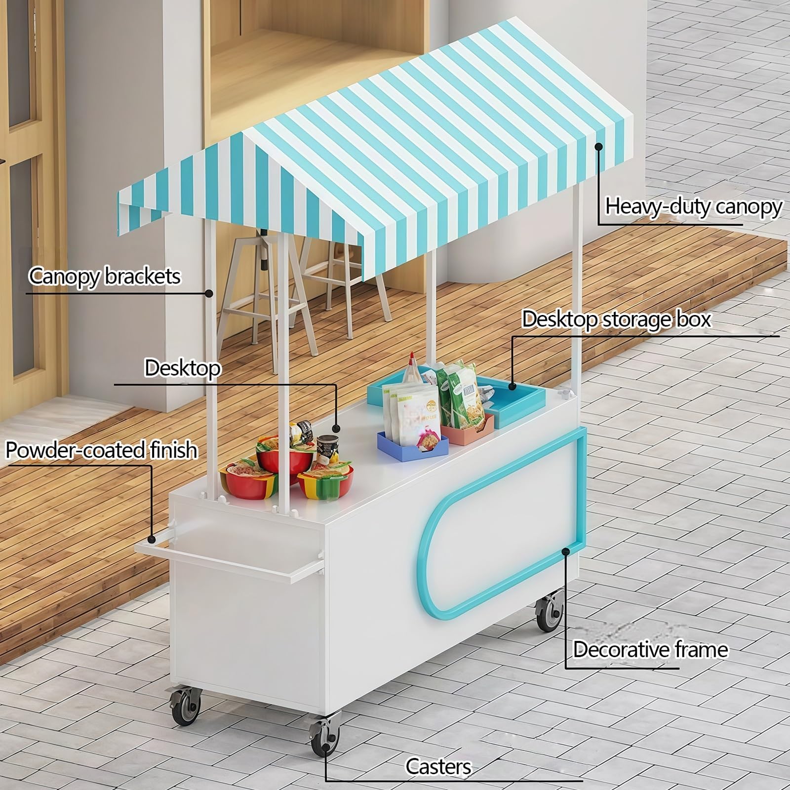 Mobiler Verkaufswagen für Außenbereich, Metall-Verkaufswagen mit Gestreiftem Vordach, für Märkte, Veranstaltungen und Street Food(Yellow,180cm/70.8in)