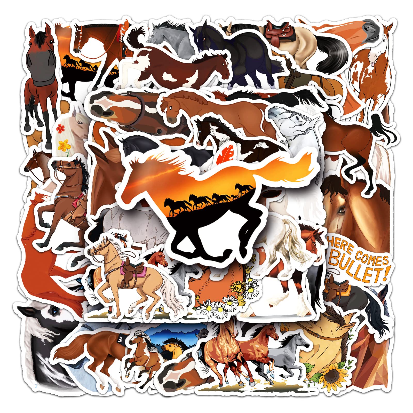 Horse Aufkleber Pferde Stickers 50 Stück Skateboard Graffiti Aufkleber Motorräder Fahrrad Snowboard Gepäck Laptop Auto Koffer für Kinder und Jugendliche Wasserdichte Vinyl Aufkleber