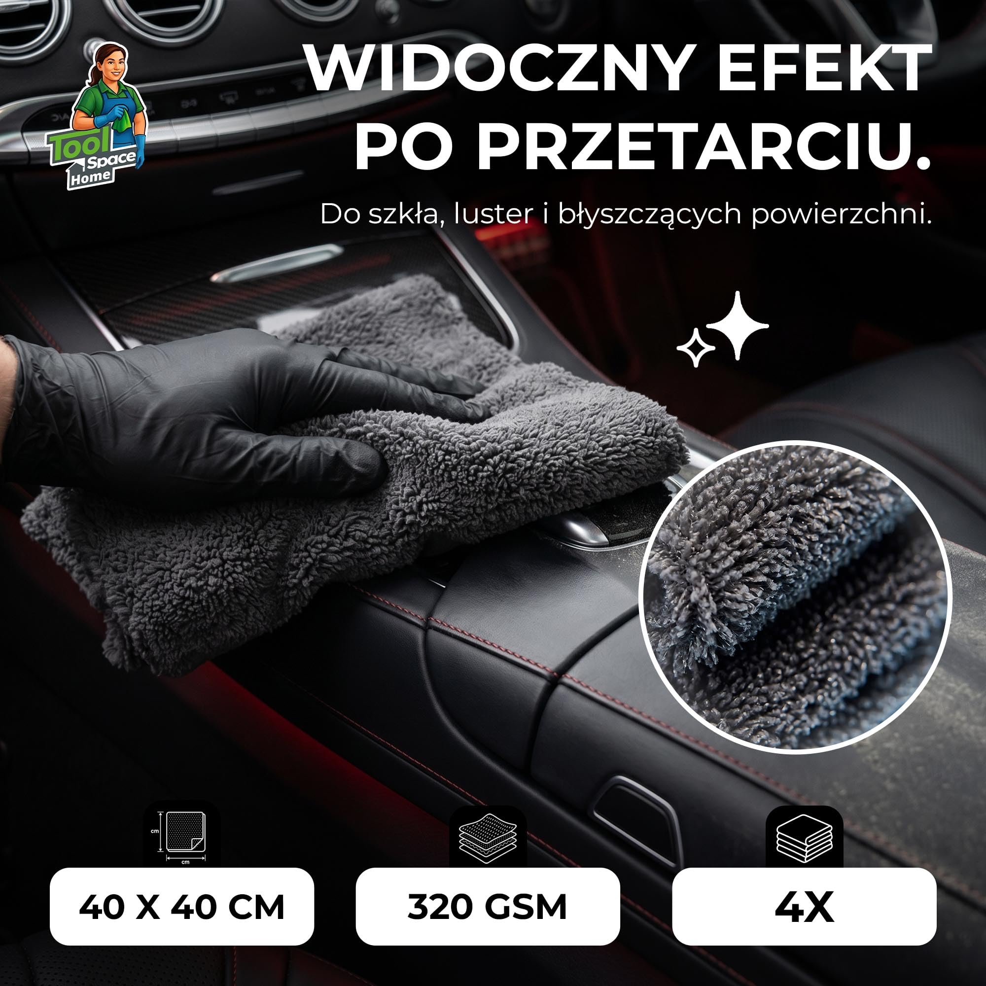 ToolSpace Mikrofibra do Detailingu 320 gsm 40x40 cm 4 szt. Poliertuch Auto Ściereczki do Polerowania Lakieru Wosku Szyb Kokpitu Miękkie Chłonne Bez Smug Wielorazowe Mikrofibra Premium do Auta i Domu