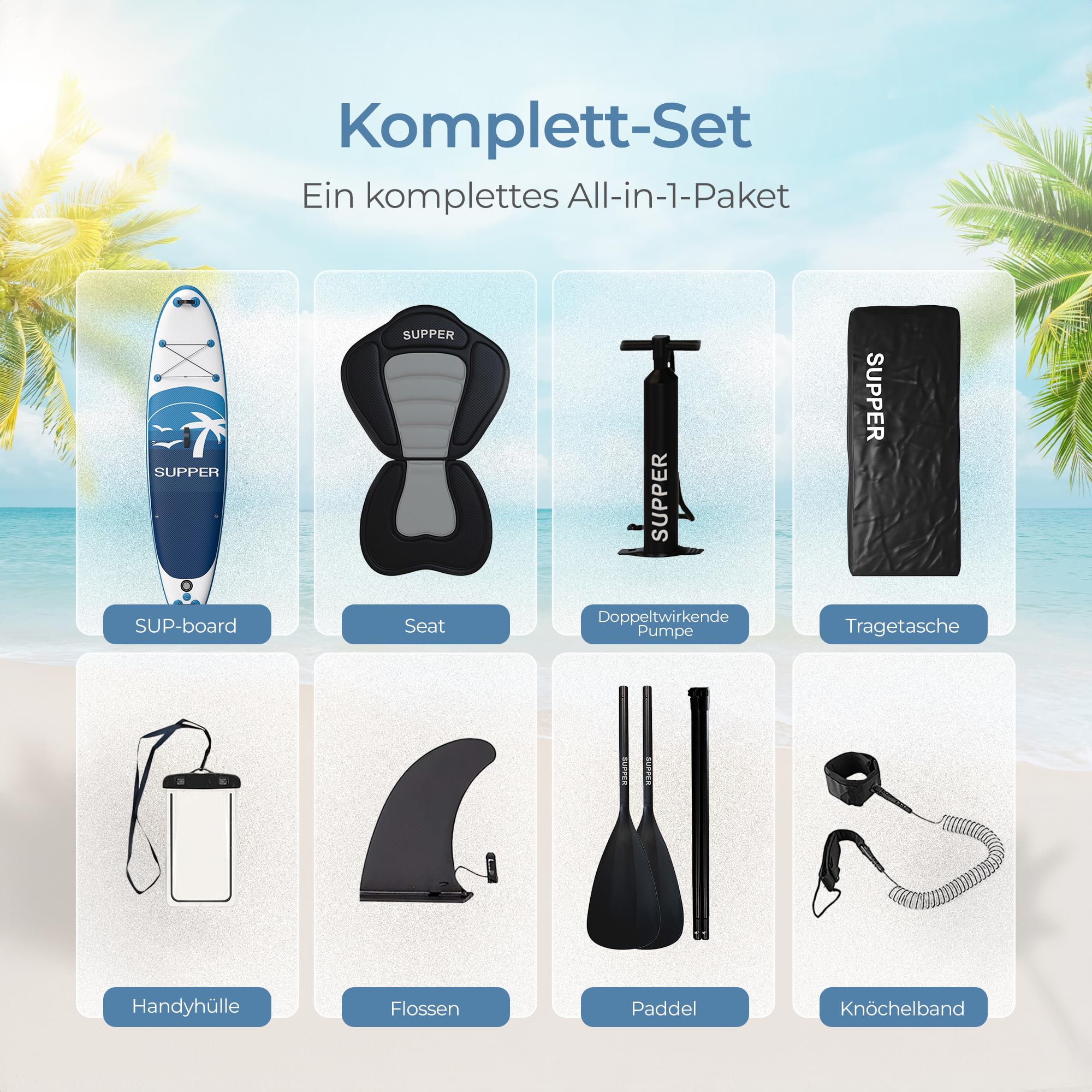 SUPPER Supper SUP Board XL – Max. 220 kg – Aufblasbar – Paddleboard – wasserdichte Handyhülle – Sitz – Pumpe – Finne – Leash – Tragetasche