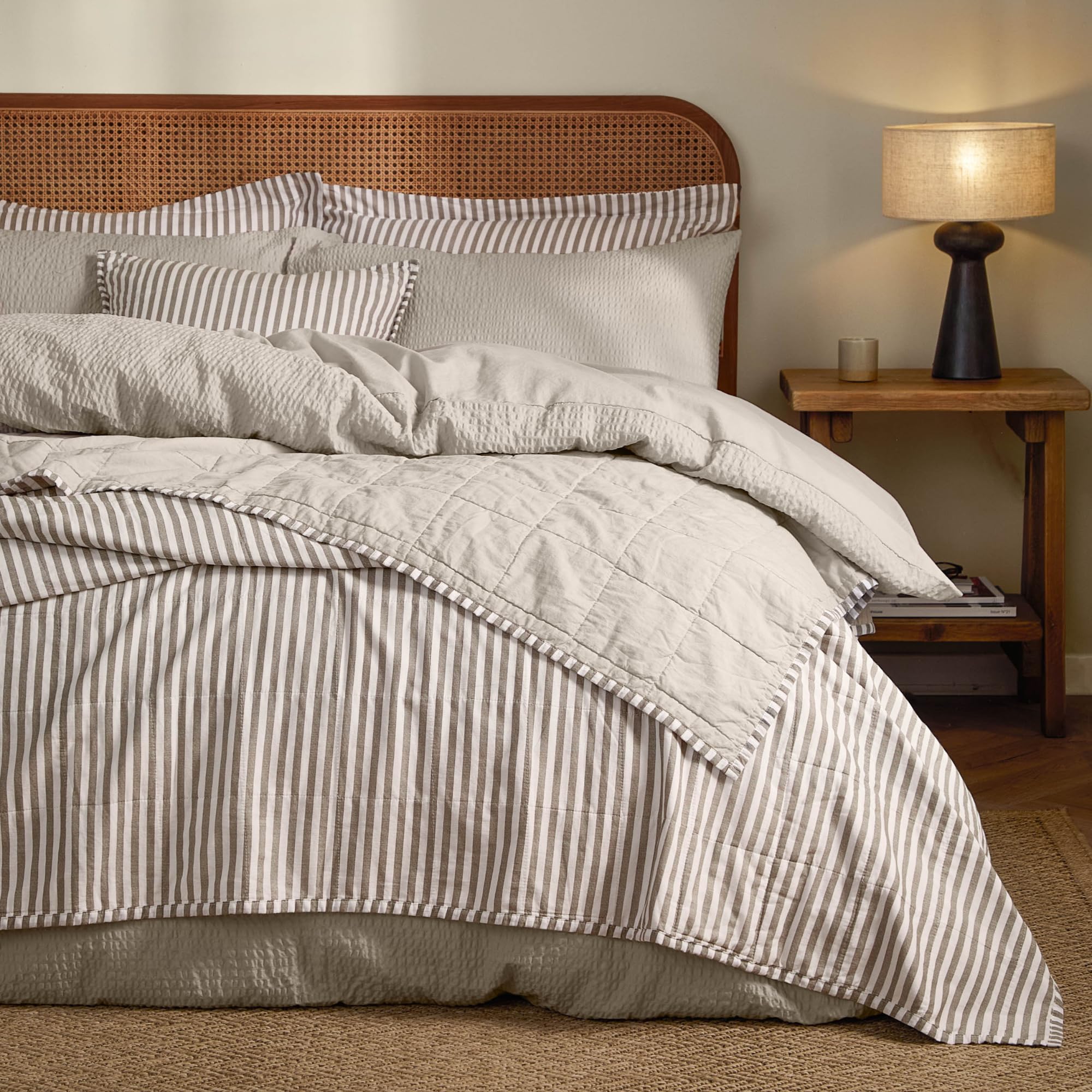 Yard Hebden Stripe Quilted Bedspread – Reversible Textured Soft Cotton Coverlet (Mole/Stone – 150x200cm)