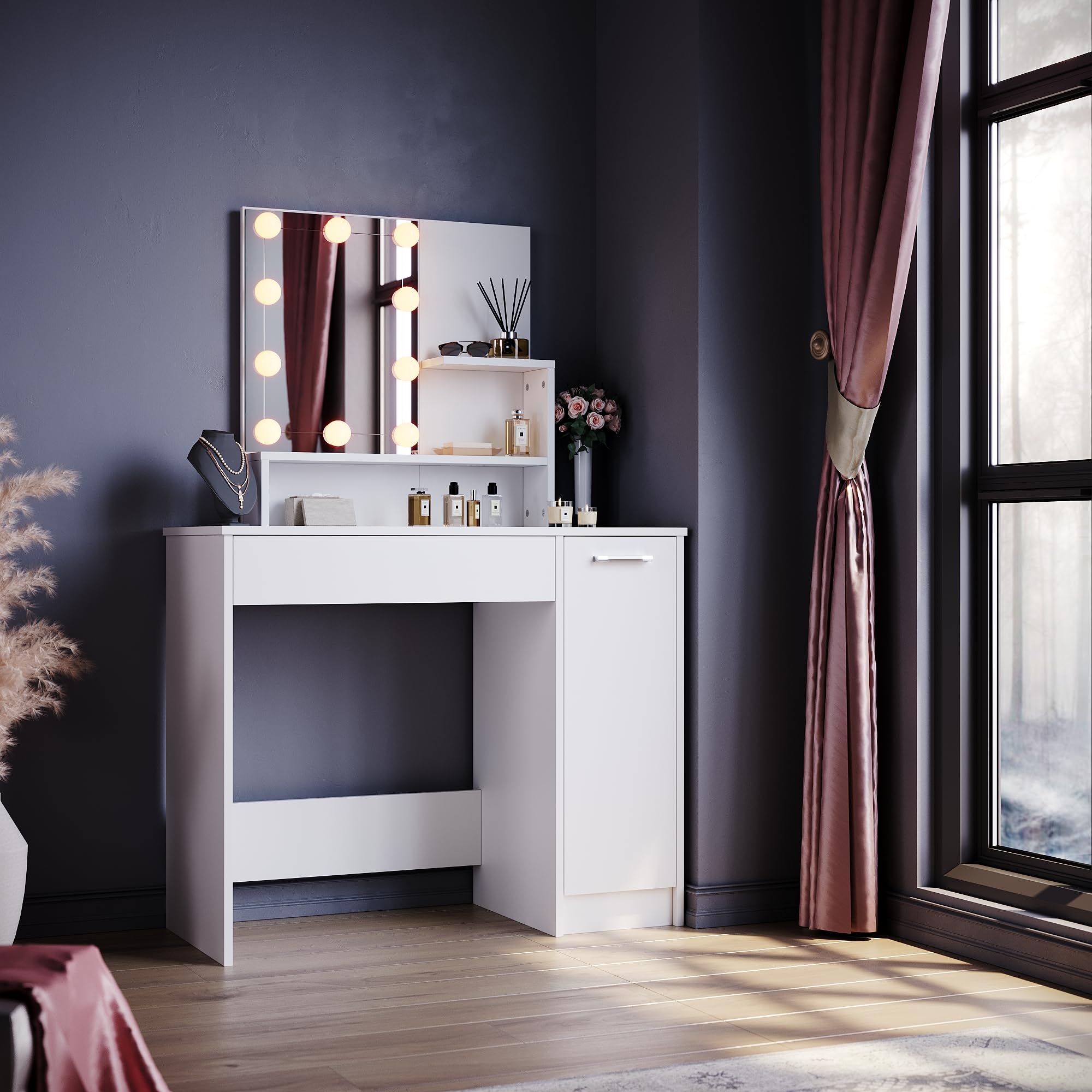 ELEGANT Dressing Table with Hollywood LED Lights and Adjustable Brightness, Modern Makeup Vanity Desk with Open Shelves and Storage Cabinet, Large Mirror Vanity Table, 40D x 90W x 136H cm