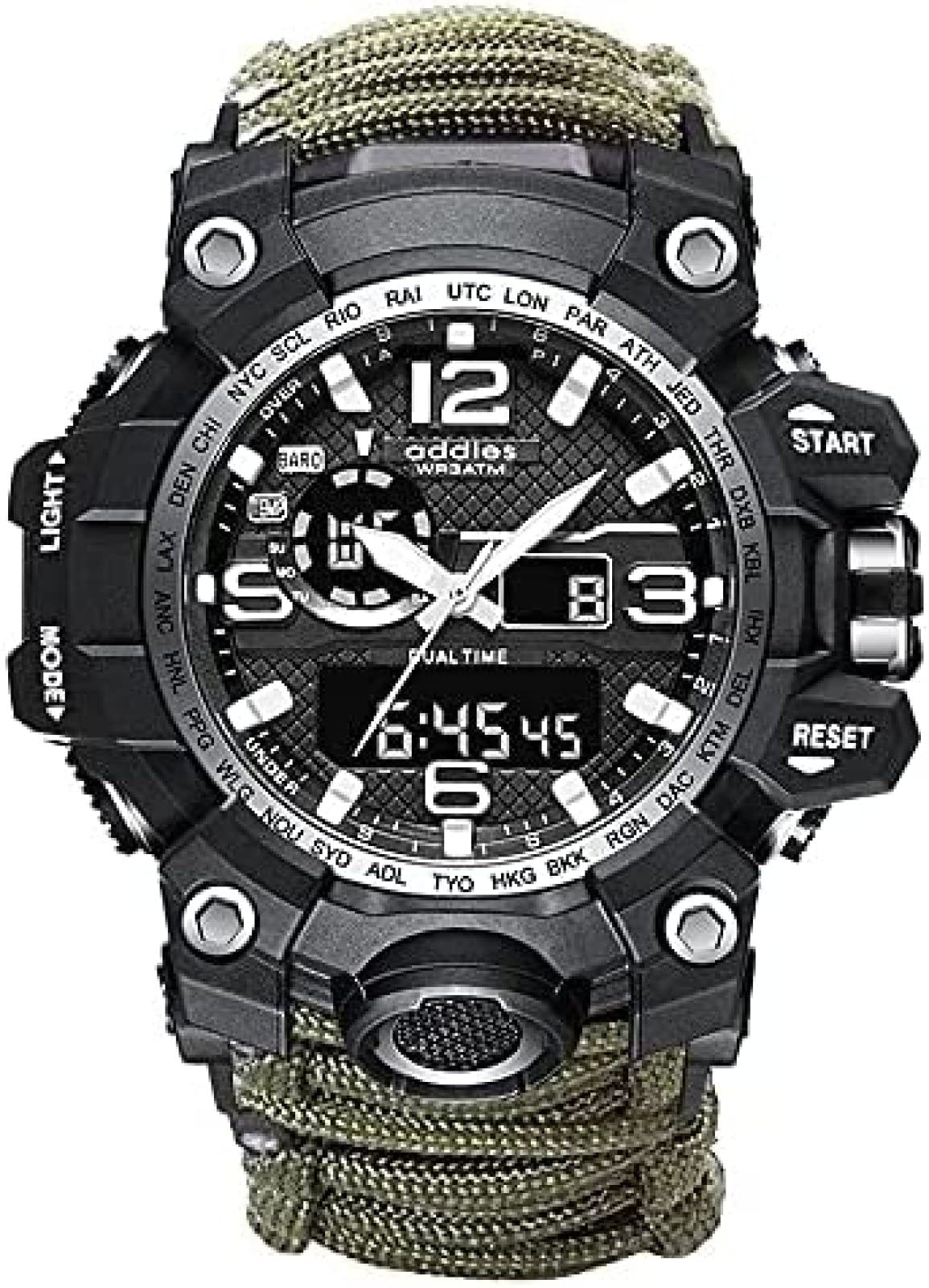 Reloj analógico Militar, Silbato al Aire Libre, brújula Luminosa Impermeable para Hombres, Reloj de Escalada con cordón de Paraguas multifunción, cronómetro por Hora con Pantalla Dual