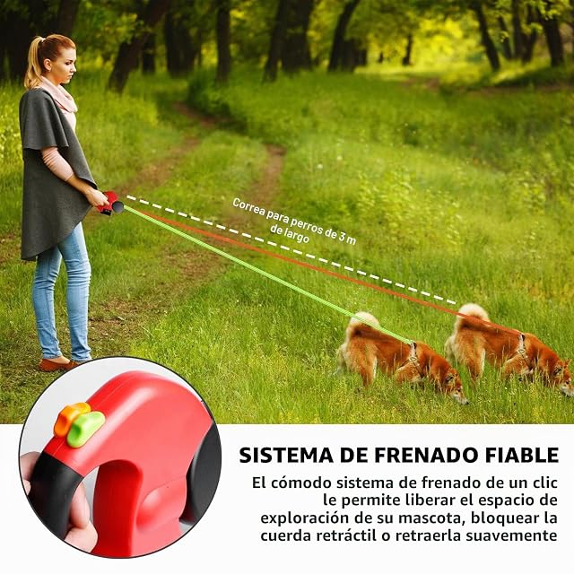 Foto 7 de 7 de Correa doble para 2 perros - 3 metros, correa retráctil y extensible para perros con función de luz, mango…