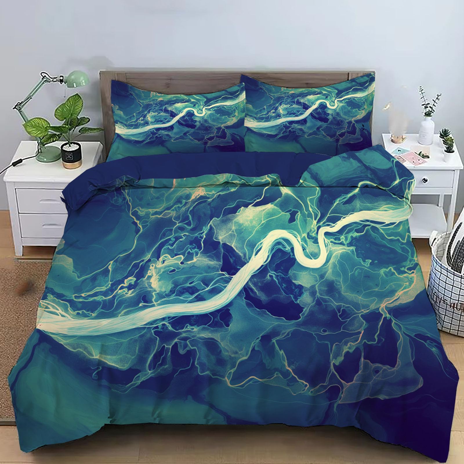 Parure housse couette microfibre 140x200 réversible motif abstrait adulte bleu marine