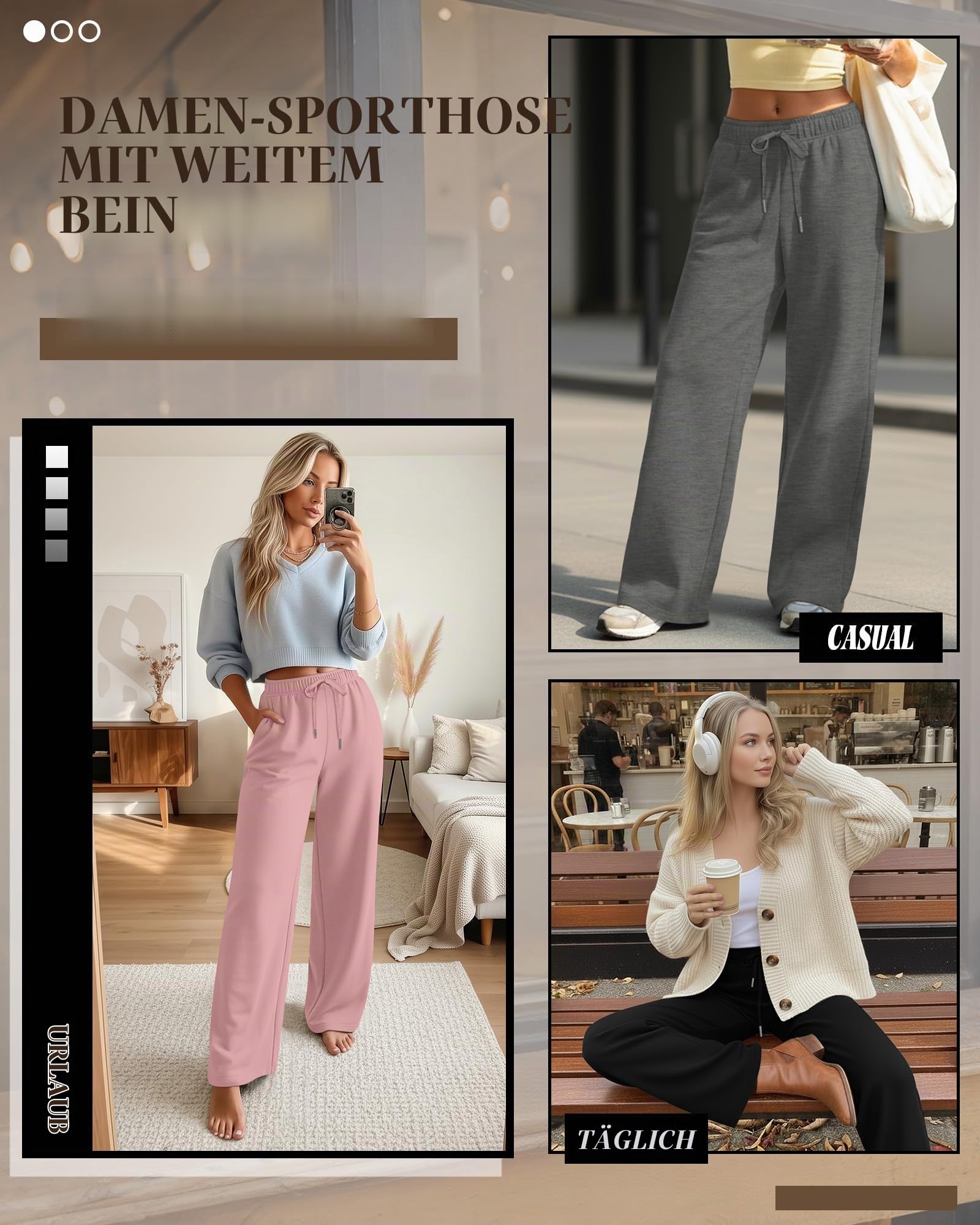 Riyiper 3er Pack Damen Jogginghosen mit Weitem Bein Kordelzug Gerade Hose Jogginghose mit Elastischem Bund und Taschen