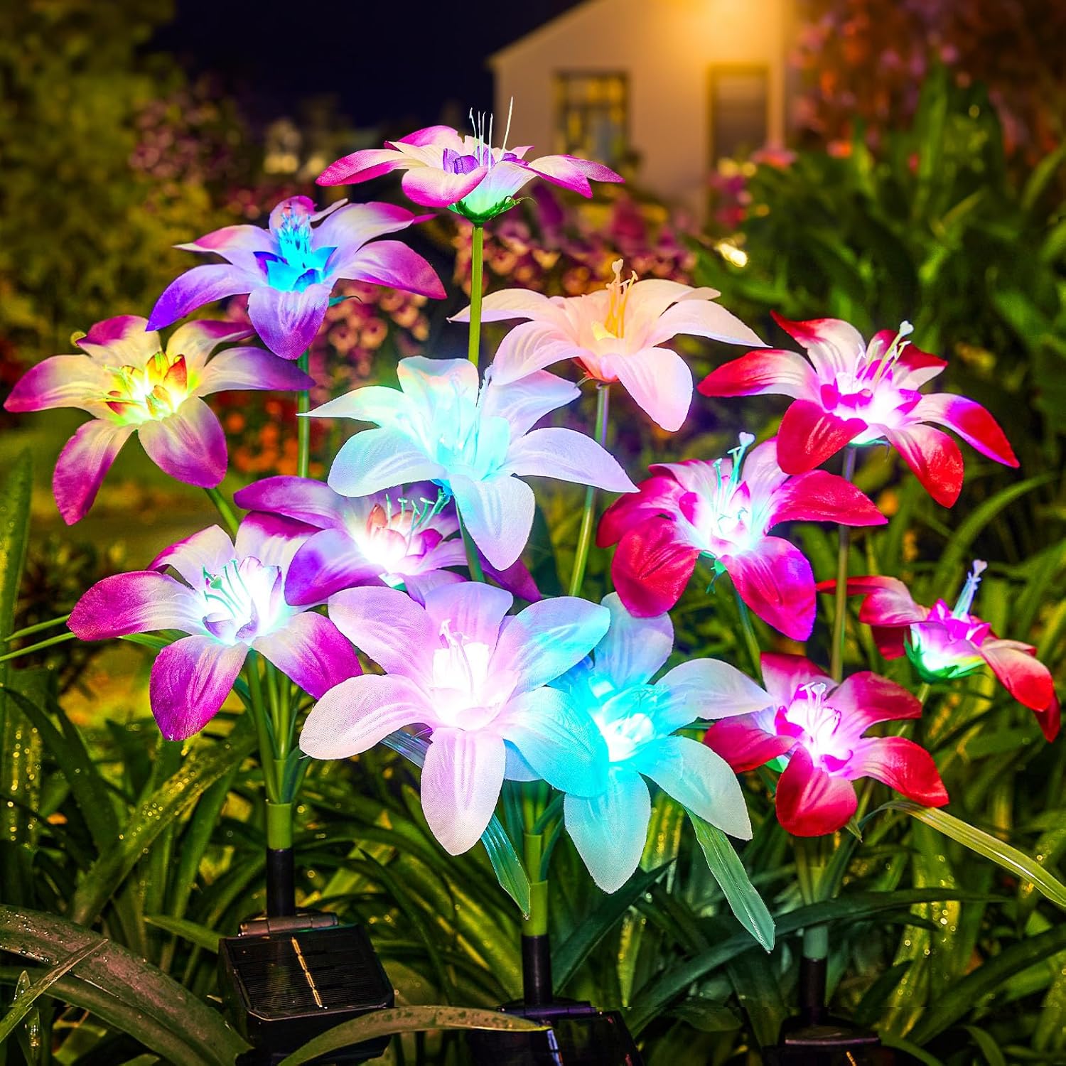 WdtPro 2025 Upgraded Solar Lights Outdoor 6 Pack, Solar Garden Lights with 24 Blooming Lily RGB Light, 7 Color Changing Waterproof Solar Flower Lights for Outside Yard, Patio Decor Gifts
