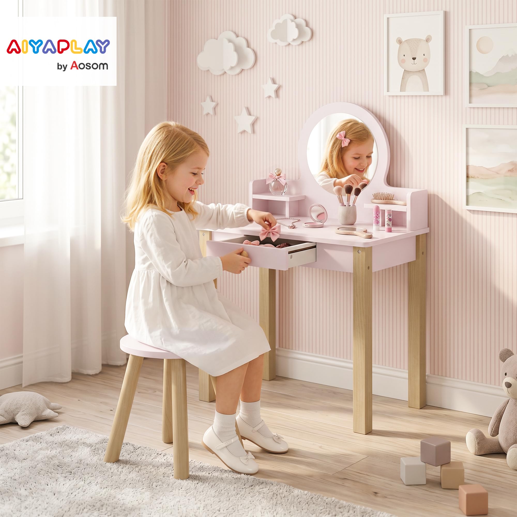 AIYAPLAY Set Toeletta Trucco Bambina 2 in 1 con Sgabello 3-6 Anni Rosa | Postazione Tavolo Trucco in Legno, Specchio in Acrilico, Cassetto, 2 Ripiani, Bordi Arrotondati