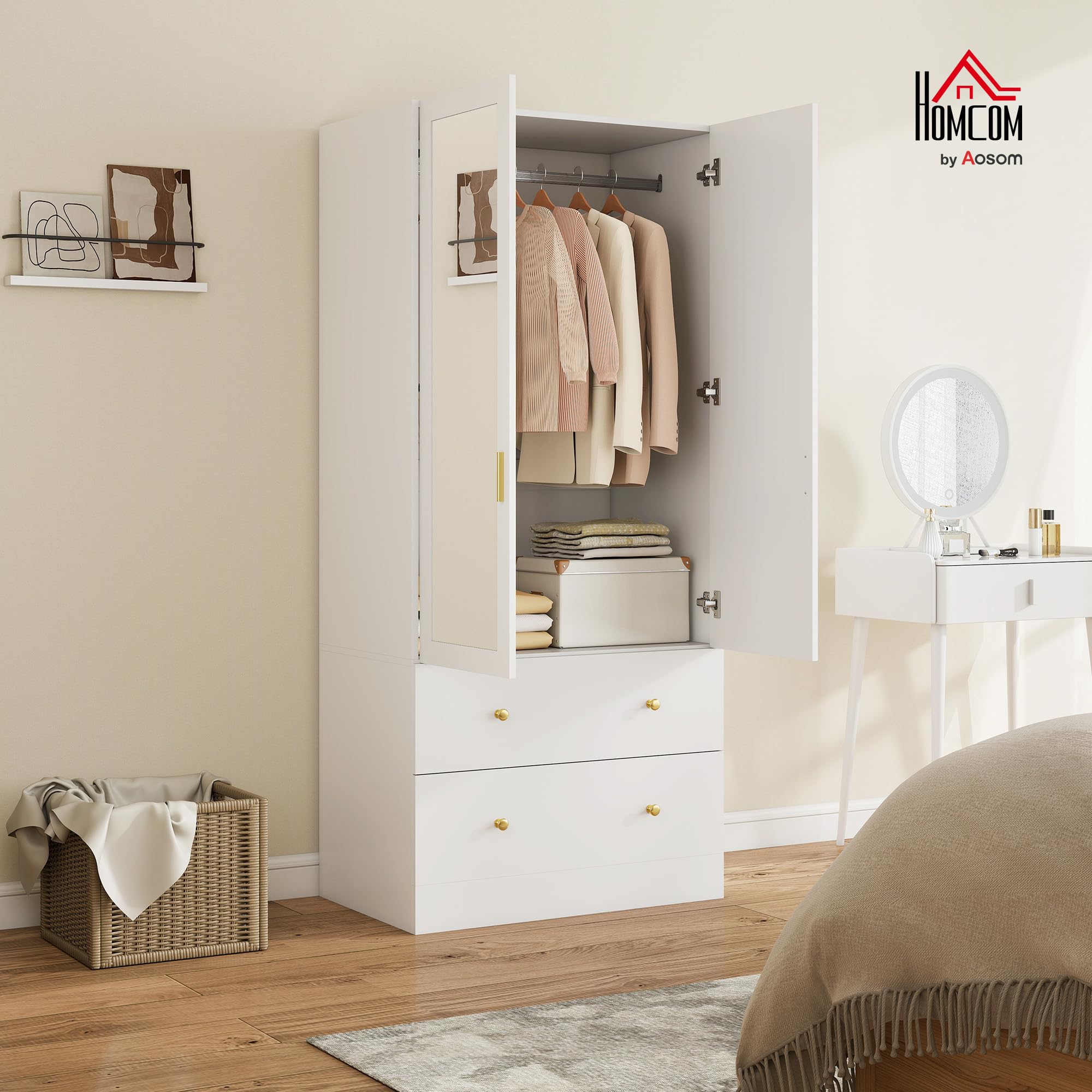 HOMCOM Armoire Chambre penderie avec Miroir, 2 Portes, Armoire à vêtements, Dressing avec 2 tiroirs et Barre de Suspension, Style Moderne, 80 x 50 x 180 cm, Blanc
