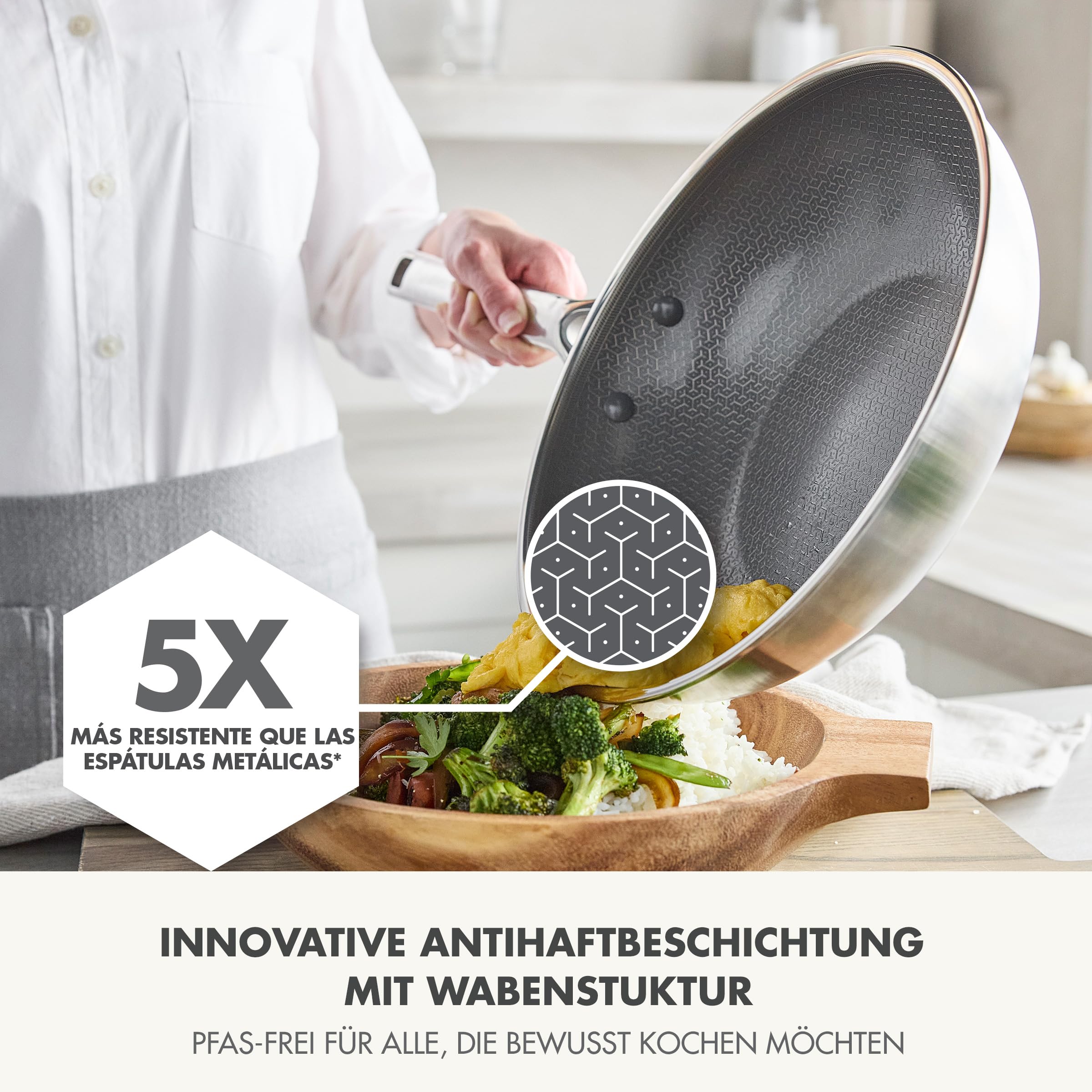 GreenPan Hybrid-Wok aus Edelstahl mit Antihaftbeschichtung, 28 cm, APEX Tri-Ply Thermobond PFAS-freie Keramikpfanne, Induktionsgeeignet, Ofenfest bis 220 °C, Spülmaschinenfest, Silber
