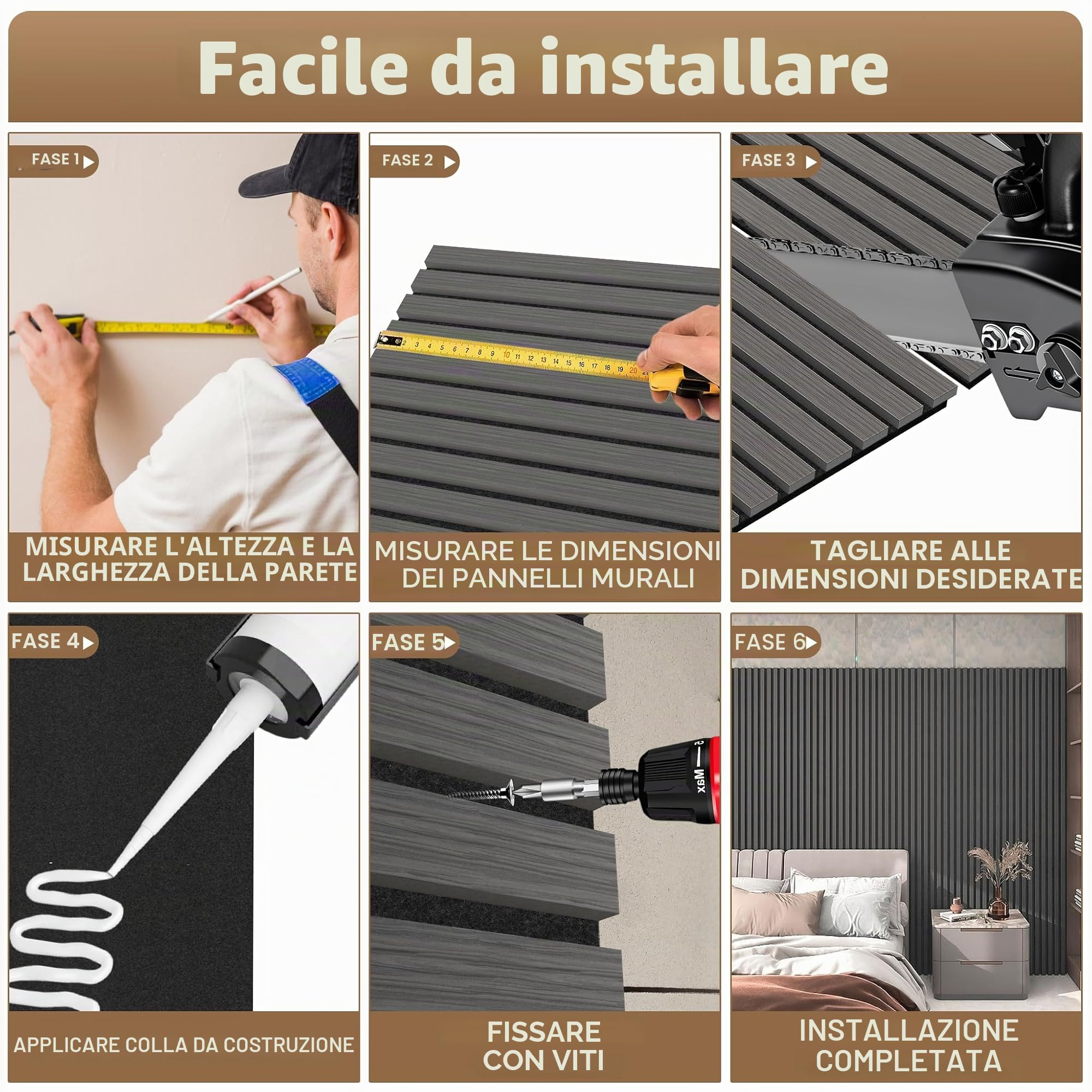 ACXIN Set di 4 pannelli acustici in legno 3D, da parete, in vero legno di quercia, in feltro acustico, 120 x 60 cm, pannelli acustici, per corridoio, soggiorno, ufficio, antracite