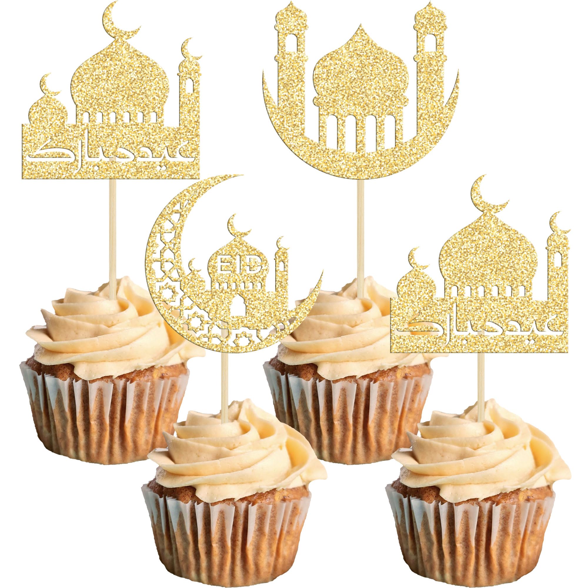 24 Stuks Eid Mubarak Cupcake Toppers, Glitter Goud Zilver Ramadan Cupcake Topper Maan Cupcake Picks Kareem Taart Decoratie voor Islamitisch Moslim Verjaardag Themafeest Gunsten Benodigdheden