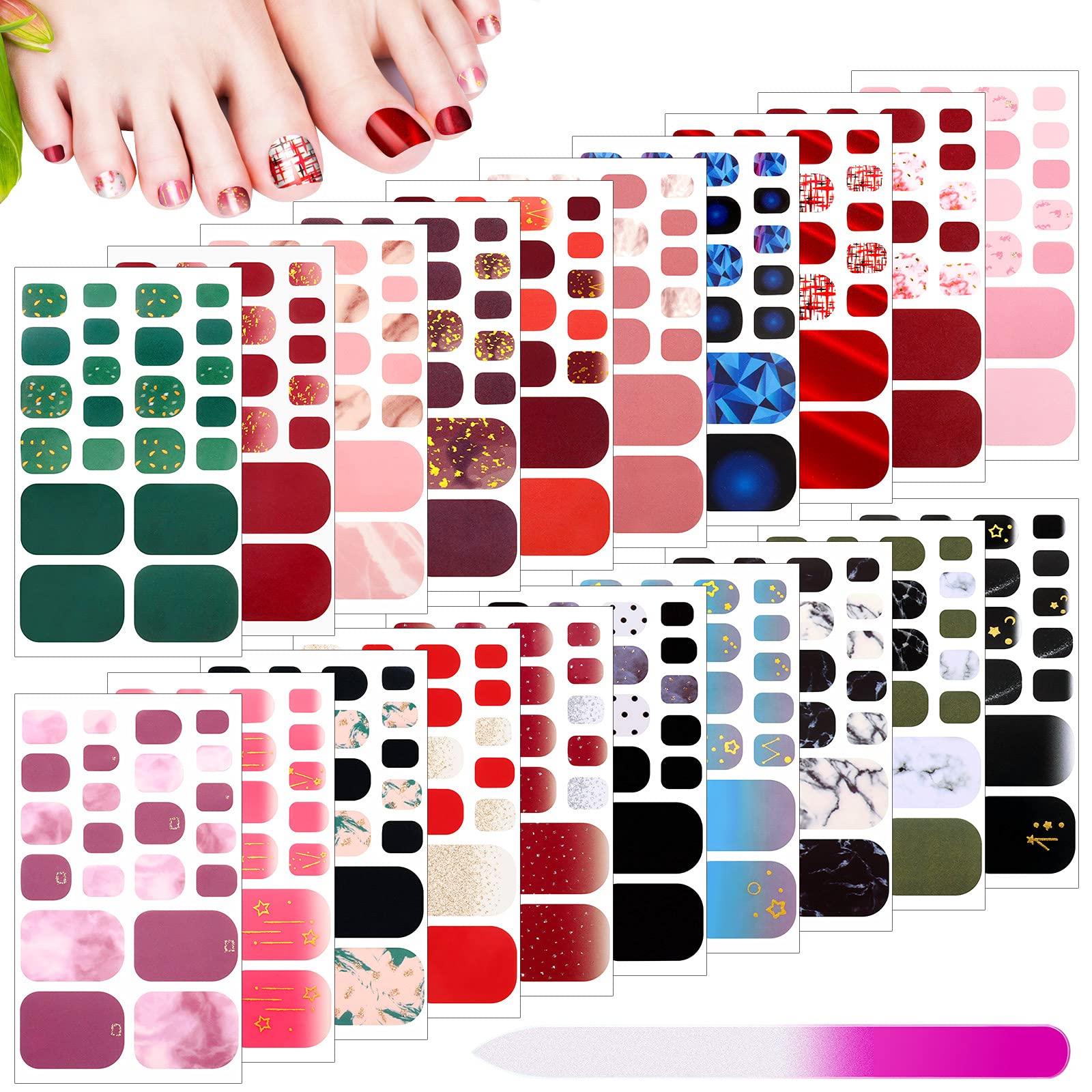 440 Pieces Toe Nail Stickers Full Nail Wraps 20 Sheets Marble Design Toenail Art Polish Stickers Strips Colorful Self-Adhesive Toenail Art Sticker with Nail File for Women Girls Toenail Decoration