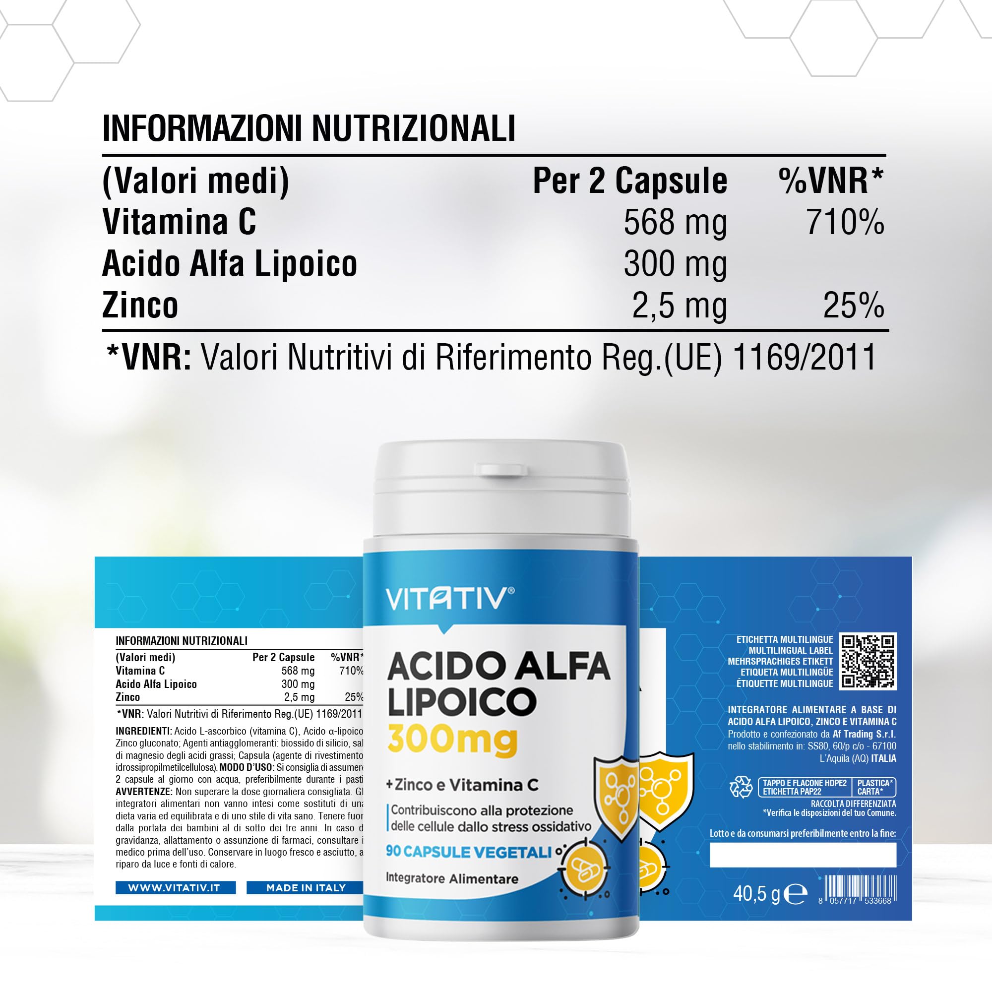 VITATIV Acido Alfa Lipoico ALA 300mg + Vitamina C e Zinco | Antiossidante | 90 Capsule Vegetali | Made in Italy