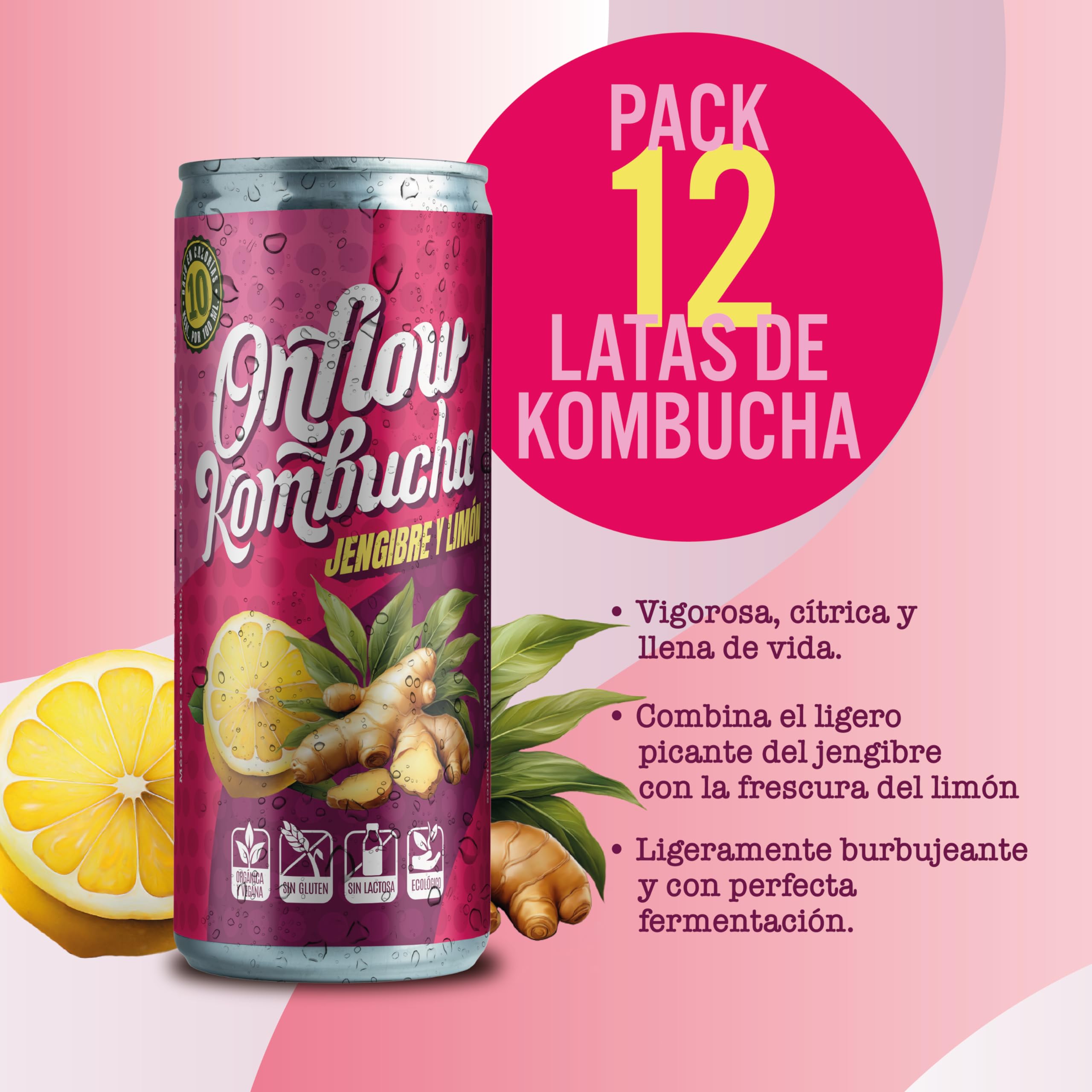 Kombucha Natural Onflow Sin Azúcar Sabor Frutos Rojos Pack 12 Latas x 250 ML