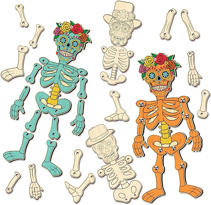 Soulchen 12 Pcs Day of The Dead Wooden Unfinished Color Your Own Sugar Skull Puppet Kits Crafts DIY Painting Day of The Dead Wooden Cutout Hanging Slices Crafts Arts for Halloween Party Favors