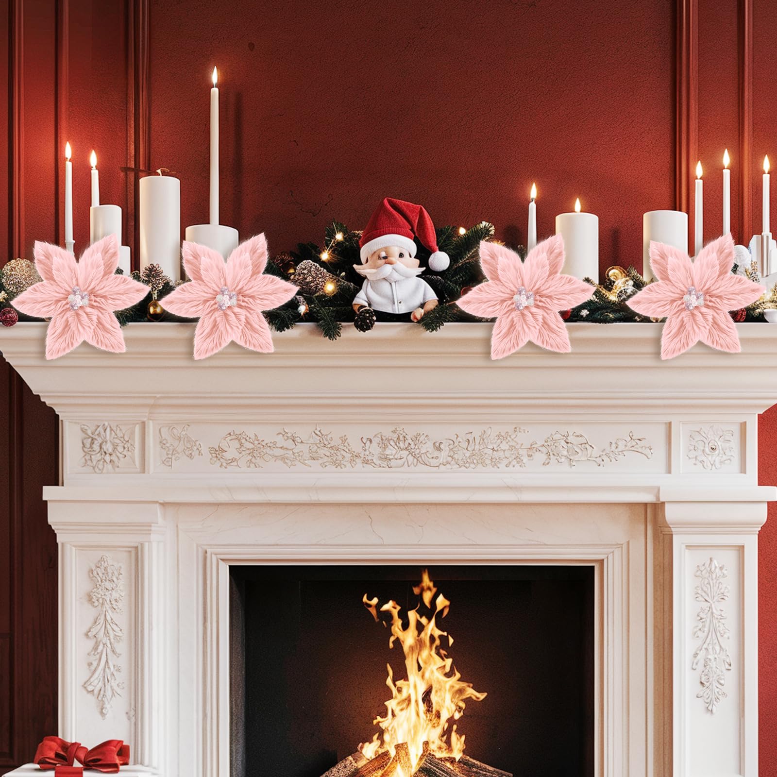 6 púas de árbol de Navidad artificiales de terciopelo rosa, flores de Pascua de Navidad, tallo de Navidad, flores de Pascua de felpa con clips y patrón de búfalo de bayas, adorno para decoración de