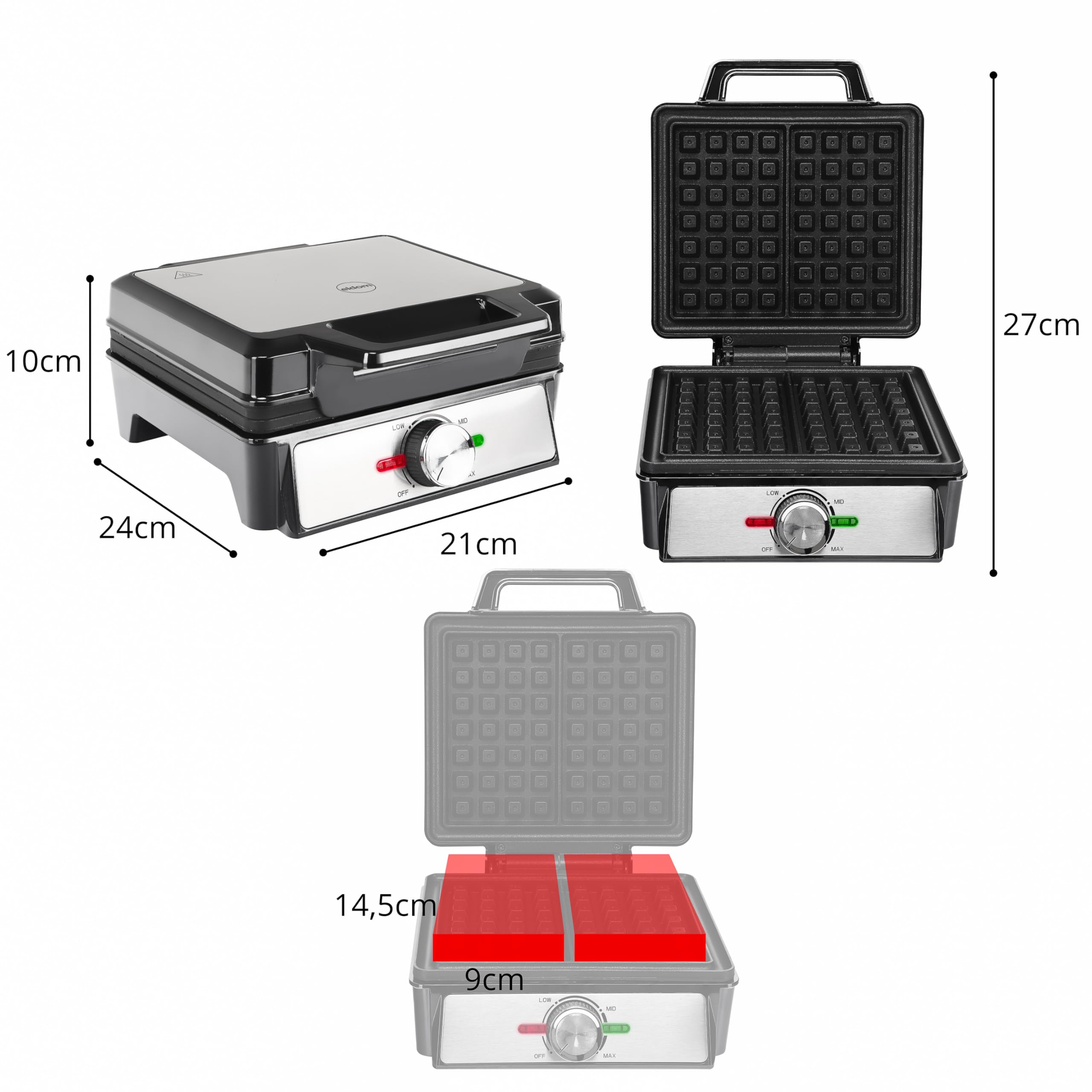 Gofrera para 2 gofres rectangulares (14,5 × 9 cm) - Control de temperatura, gofrera para 2 gofres, antiadherente, compacta y resistente, potencia 1600 W
