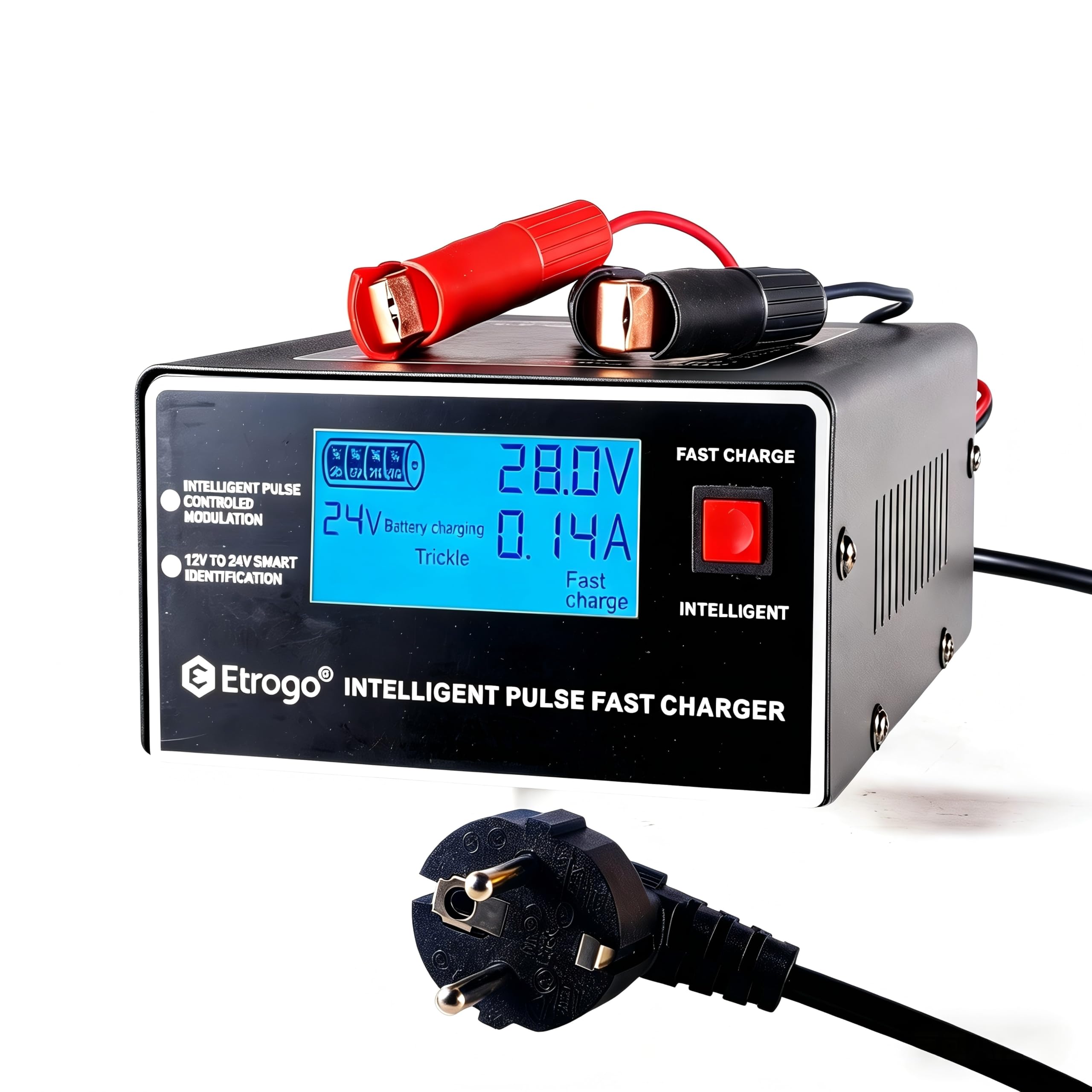 Etrogo Cargador Coche 12V 24V 10A 250W de Pulso Inteligente con Función Automática de Detección Reparación Mantenimiento con Pantalla LCD