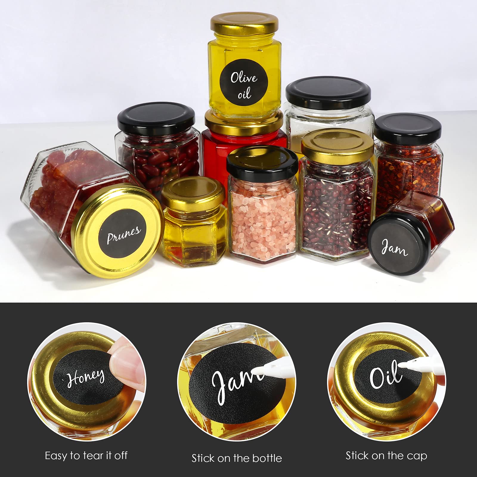 SHiZAK Sechseckige Gläser mit goldfarbenem Deckel, 120 ml, Klarglas, Honiggläser, Gewürzgläser, Einmachgläser für Kräuter, Marmeladen, Duschgeschenke, Hochzeitsgeschenke, Handwerk, 1 Stift und