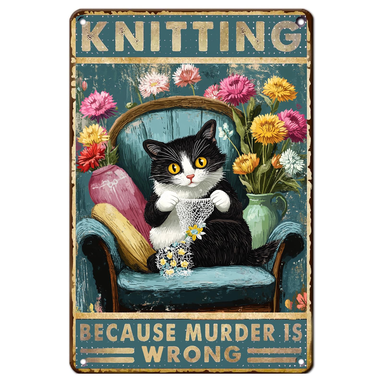 Yivxa Tin-499 Metal Tin Sign Knitting Because Murder Is Wrong Cat Vintage For Home Outdoor Indoor Office Bar Yard Decor 12X8 Inch