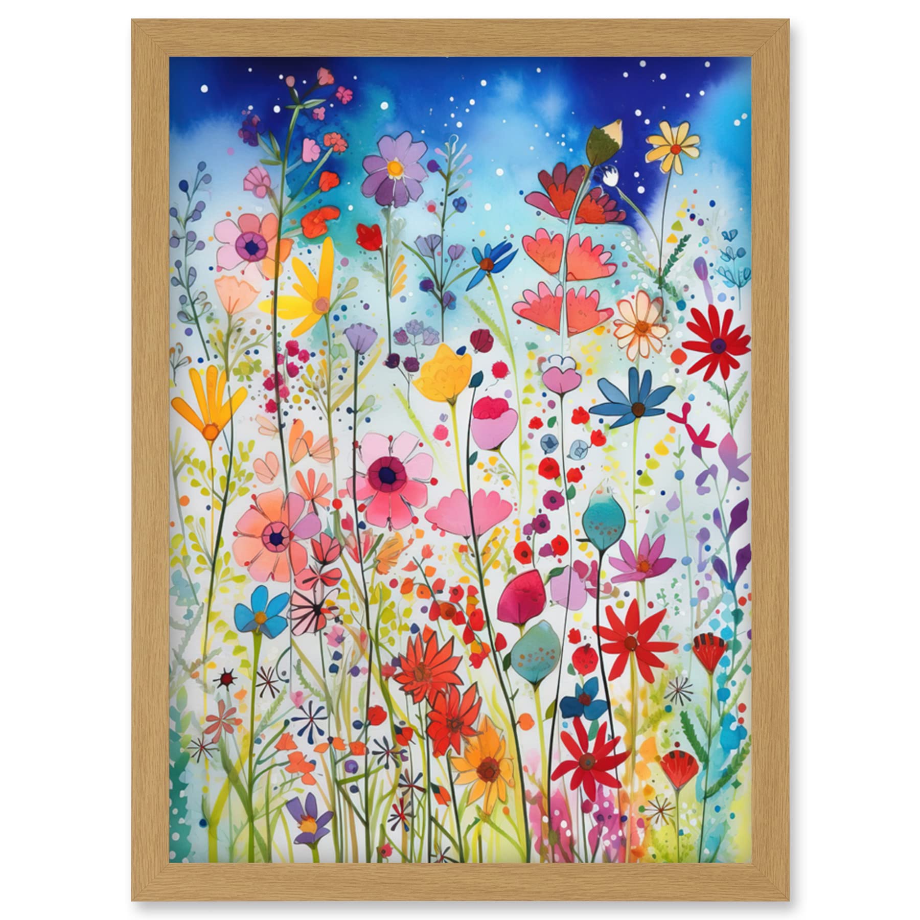Artery8 Summer Wildflower Meadow Folk Art Artwork Framed Wall Art Print A4