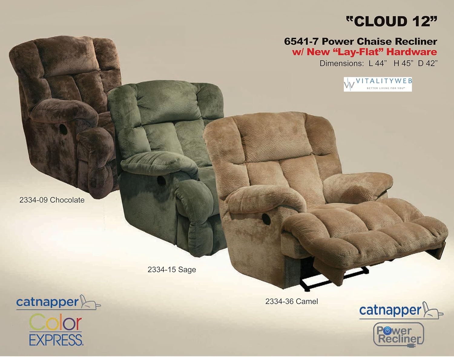 6541-7 Power Lay Flat Chaise Recliner Chair - Chocolate Fabric
