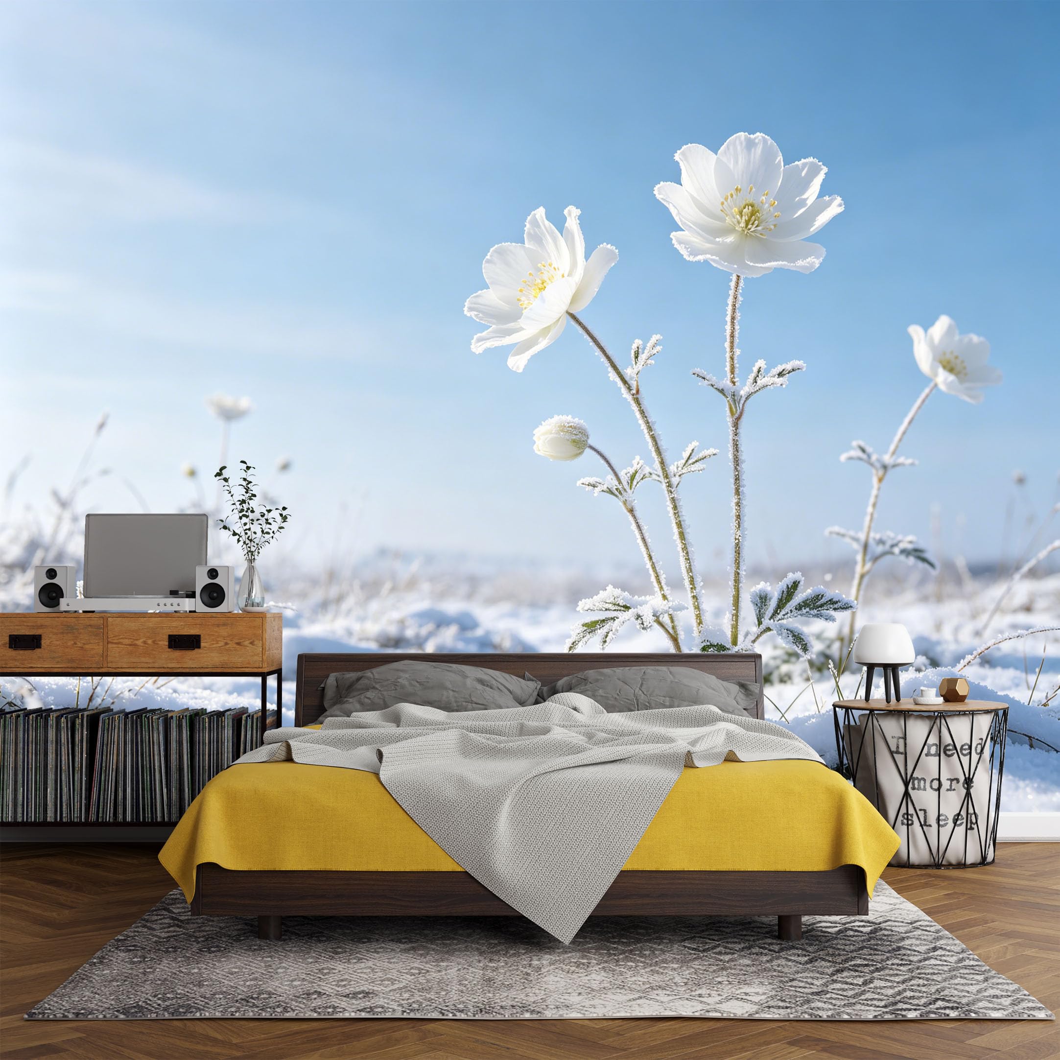 Custom Size Wall Mural， Winter Snowfield White Blossom Landscape Frosted Flower Minimalist Nature Scene， SelfAdhesive Art Prints wall Fabric (No PVC) Removable Wallpaper Living Room Decor