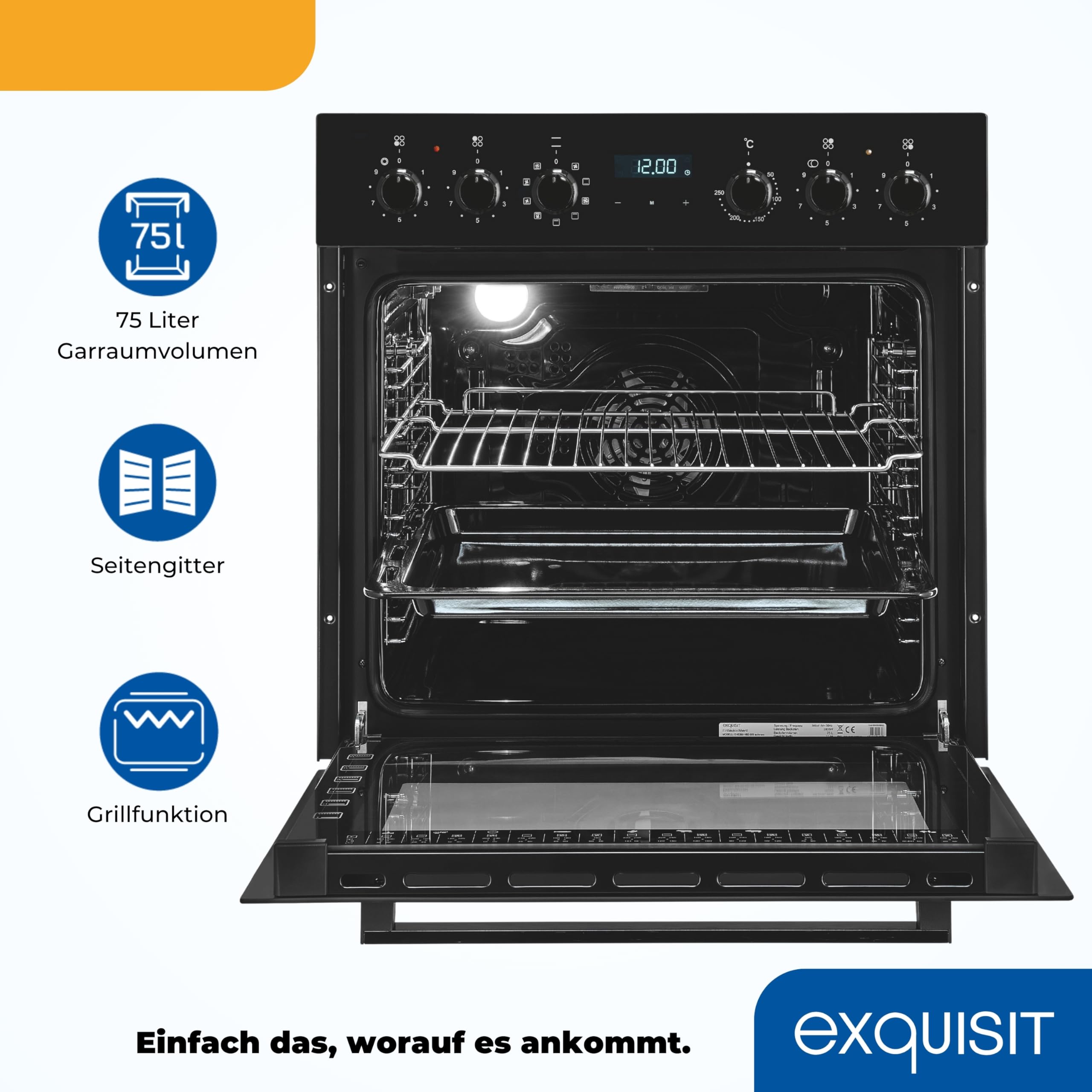 Exquisit Juego de cocina empotrable EHE285-HBZ-020 negro | 75 l de capacidad de cocción | 9 programas de horno | placa de cocción con marco | clase energética A
