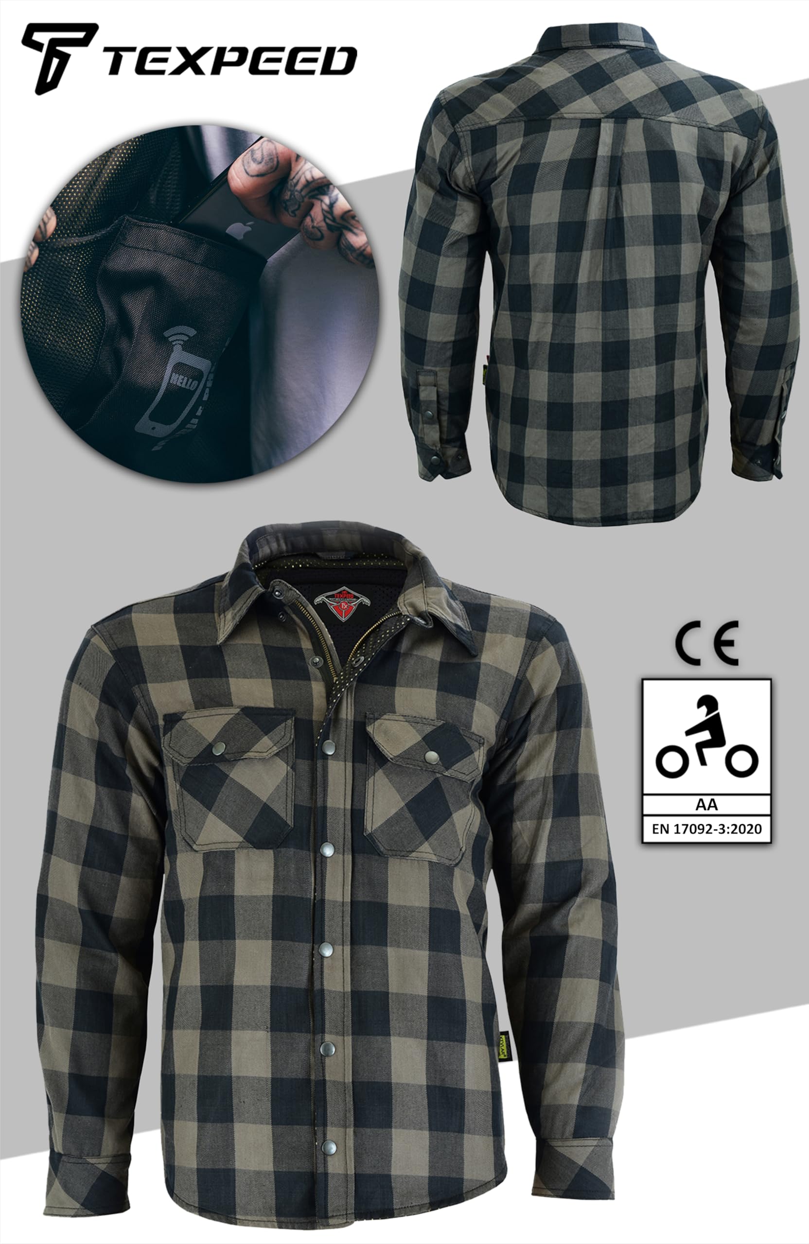 Texpeed Camisa moto hombre protecciones - Chaqueta de cuadros de motociclista fabricada con Aramid 280 g/m2 con armadura de protección (EN 1621-1) Gris - L