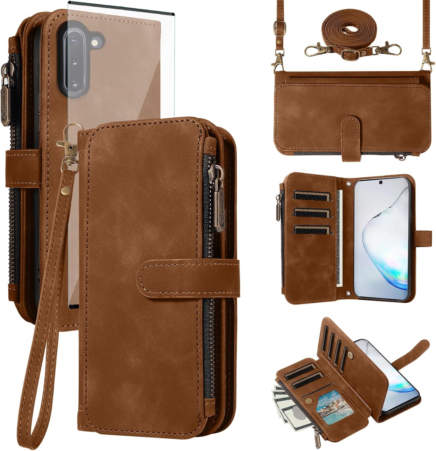 Asuwish Phone Case for Samsung Galaxy Note 10 5G Zipper Wallet Cell Cover with Tempered Glass Screen Protector Crossbody Wrist Strap Flip Credit Card Holder Note10 Notes 10s Ten Not S10 Women Brown