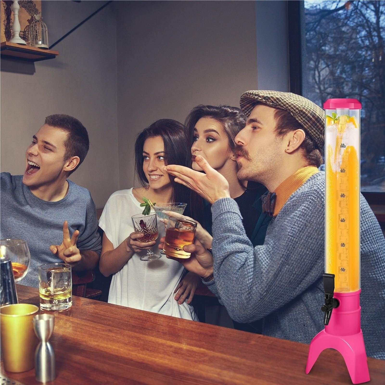 Dozownik do Zimnych Napojów Dozownik Do Napojów Wieża Mimosa Z Rurką Na Lód I Bezdennym Pojemnikiem Fontanna na Wodę(Pink)