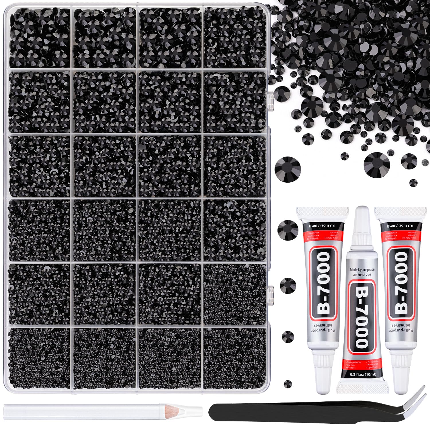 TINKRSTUFF30000Pcs Black Rhinestones for Bedazzling Crafting, Flatback Resin Gems Crystal, Bedazzler Kit with 3Pcs 10ml B7000 Jewelry Glue and Tweezers for DIY Crafts Clothing Shoes Fabric Nail Art