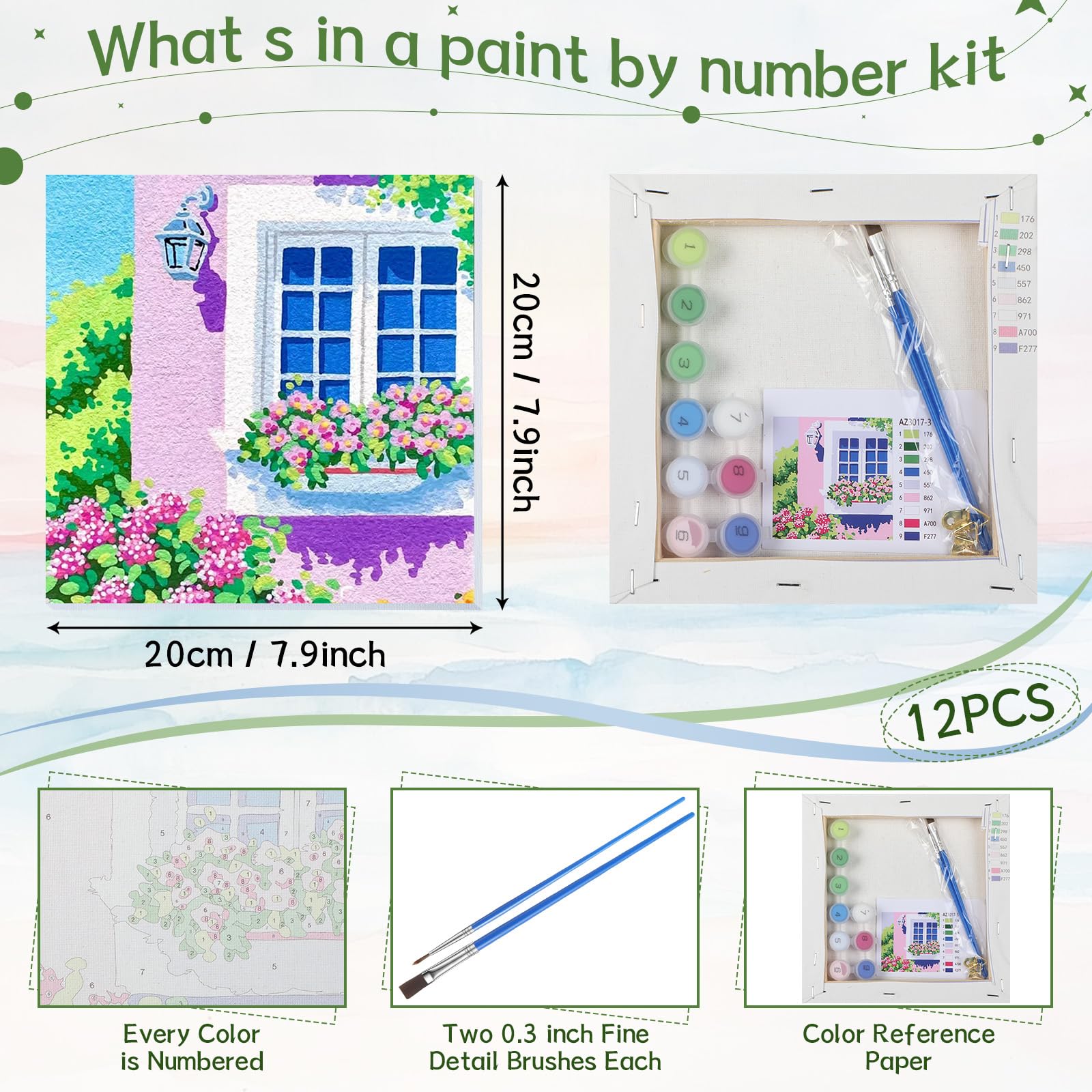 Nezyo 12 set di pittura con numeri, kit con cornice, per adulti principianti, pittura acrilica fai da te con numeri, tela per pittura, feste, attività in classe, regalo di compleanno, 20 x 20 cm