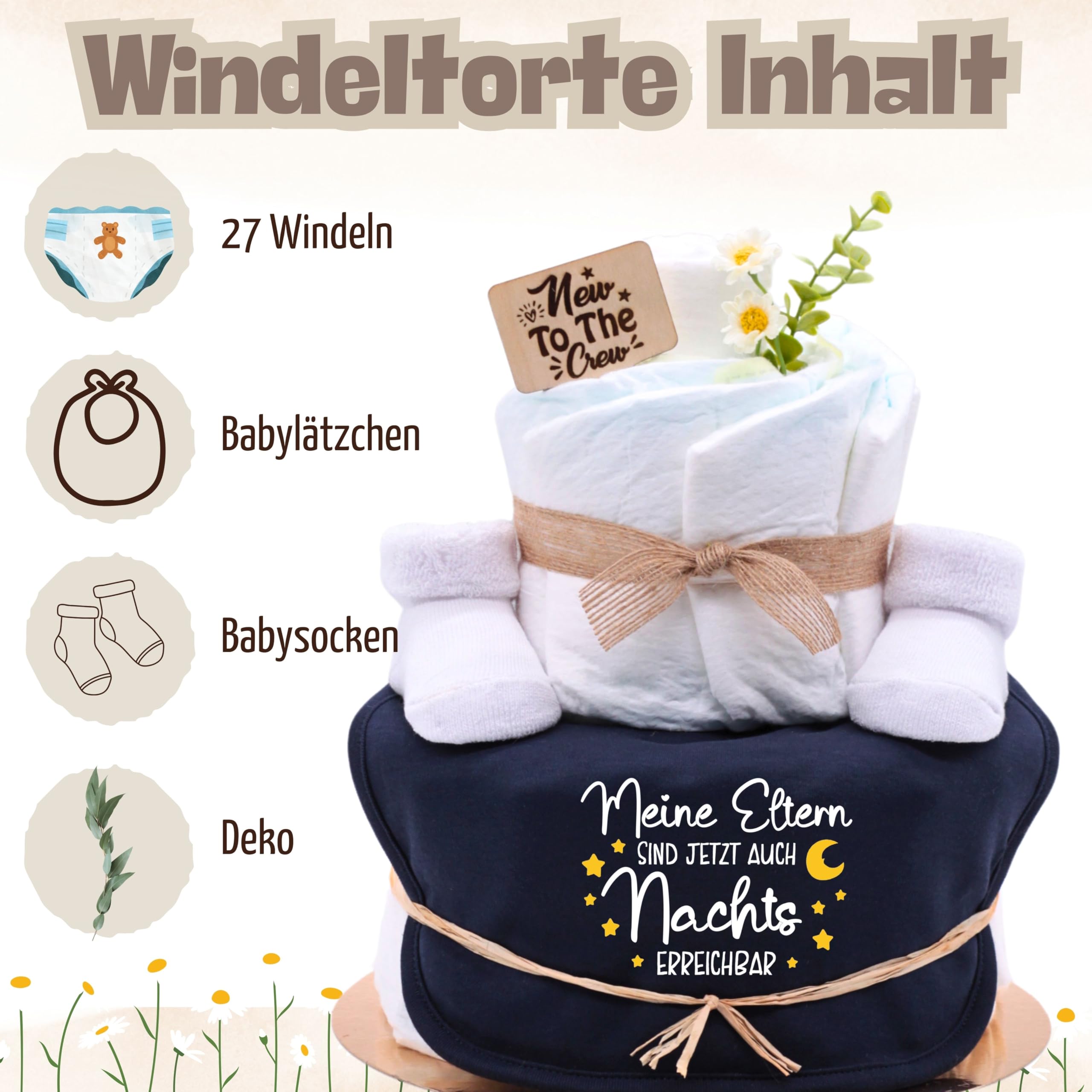 Trend Mama | Windeltorte | navy blau | Spruch wählbar | Lätzchen, Kuschelsocken |Geschenk Geburt (Design| Meine Eltern sind jetzt auch Nachts erreichbar)