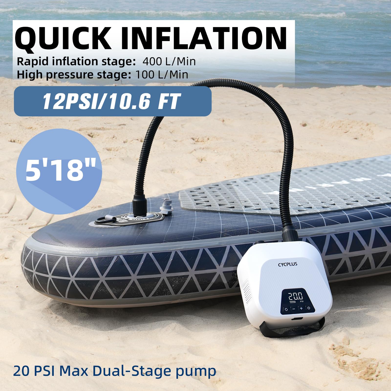 CYCPLUS 20PSI Hochdruck Smart SUP Luftpumpe, Akku-betrieben, Intelligent Dual Stage Inflation & Deflation, Auto-Off Luftpumpe für Stand Up Paddle Boards, Surfen Kite, Zelt, Matratze
