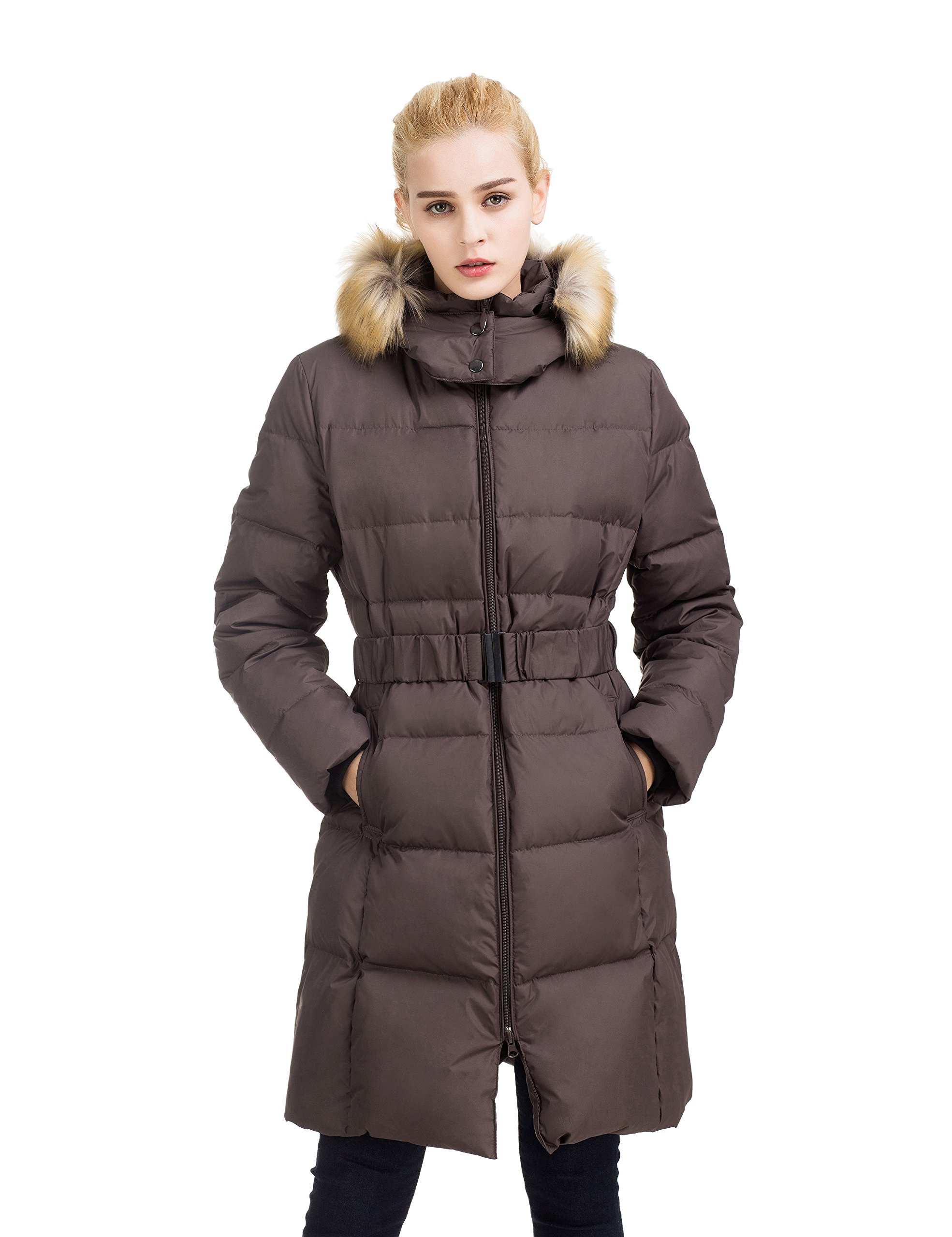 adomi women's long hooded thickened down coat with fur trim