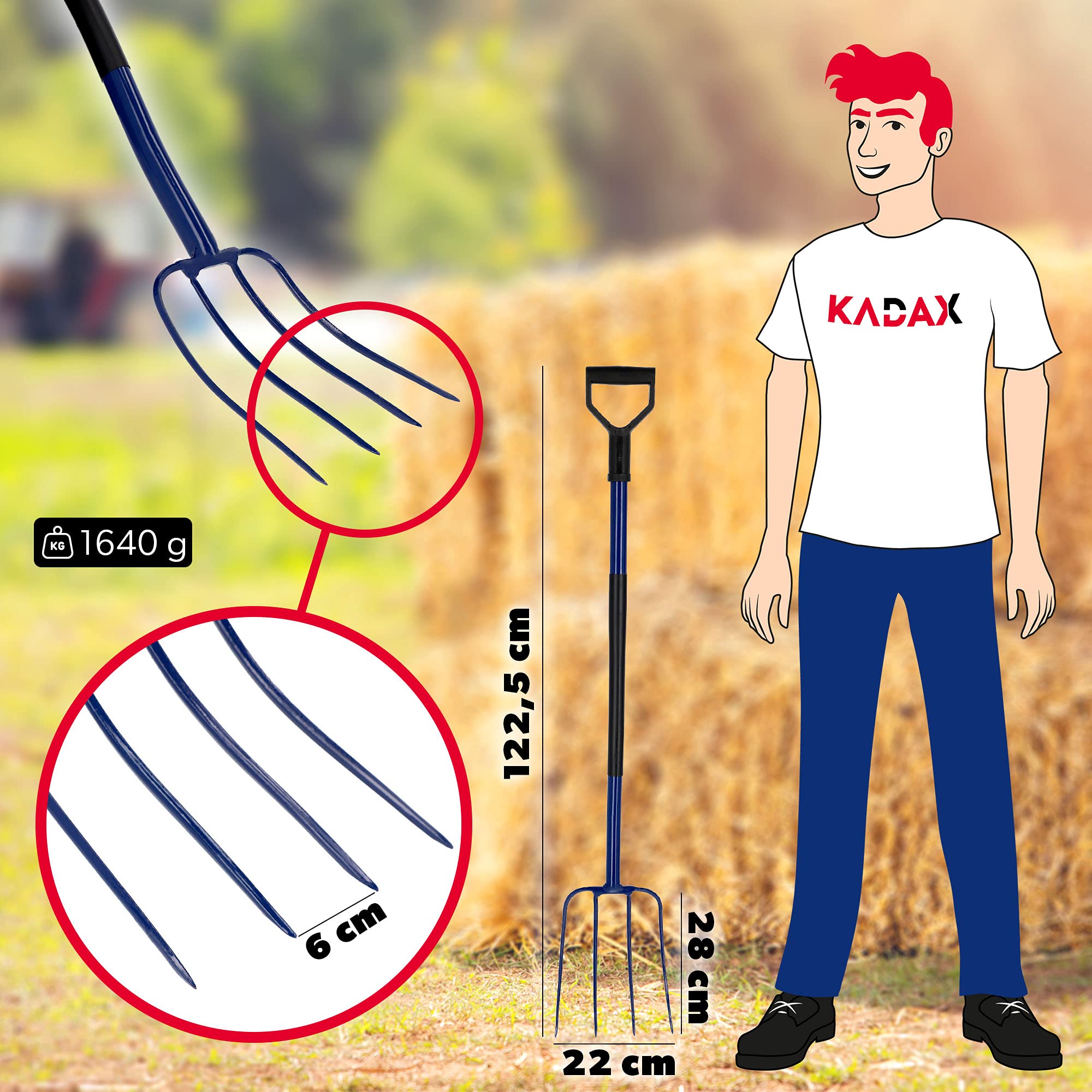 KADAX Heugabel mit Stiel aus Metall, Forke aus Stahl, Grabegabel mit D-Griff, Gabel für Garten, Gartengabel, Mistgabel, Spatengabel (4 Zinken)
