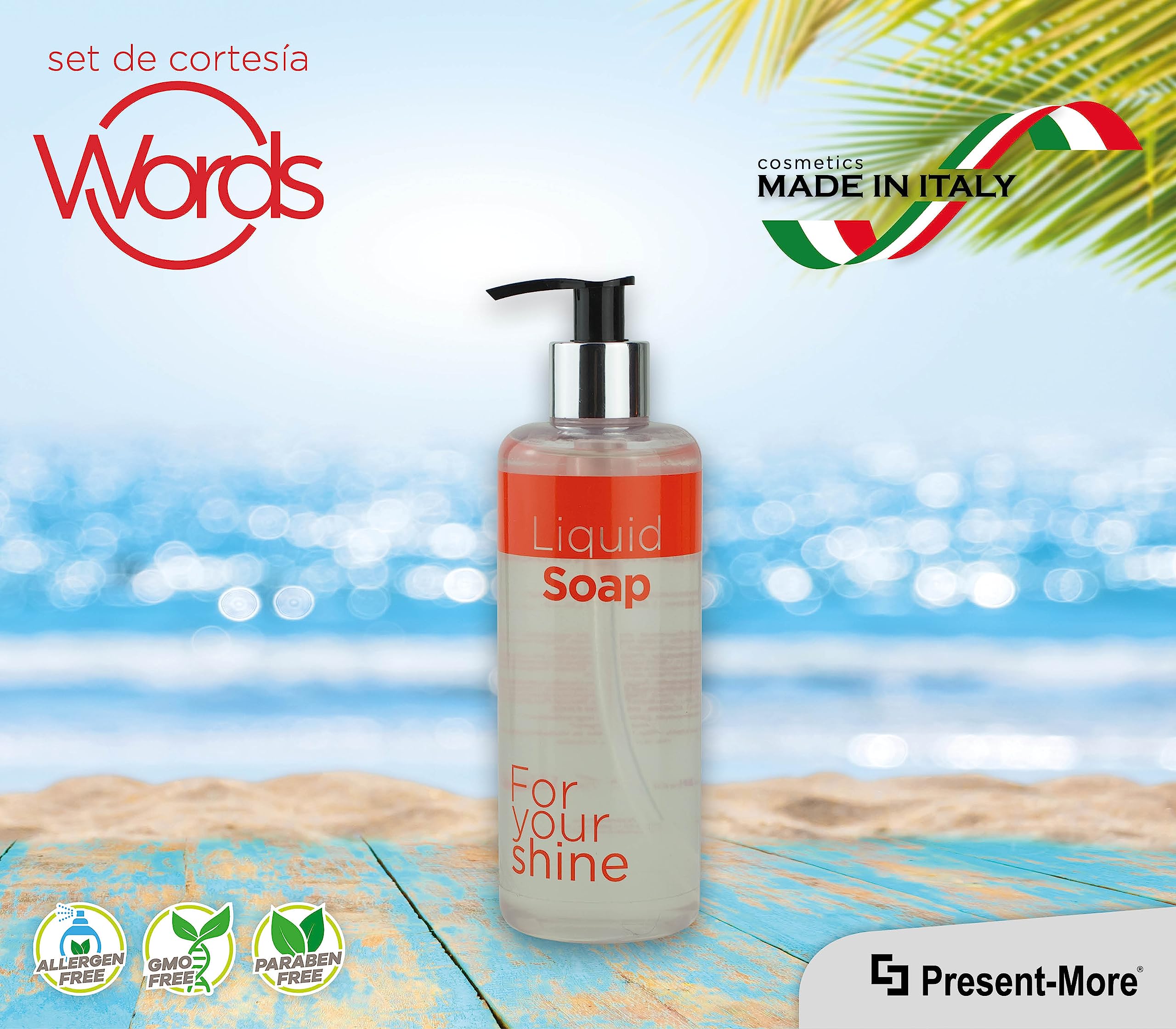 Present-More Jabon manos 300ml Words - Jabon líquido 15 unidades para Hoteles y B&B | Jabon líquido sin alérgenos con fragancia Vigne Rouge