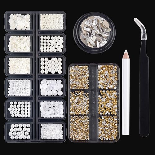 Kawyehu 3 cajas de diamantes de imitación para arte de uñas, perlas y diamantes de imitación semicirculares, 2550 piezas, perlas blancas y beige y