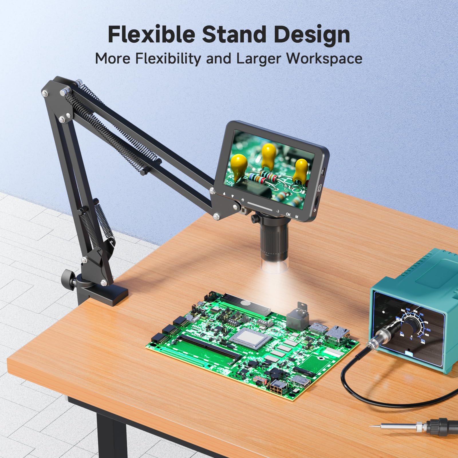 Flex Microscopio digital con pantalla IPS de 5 pulgadas, microscopio de soldadura con brazo flexible, suministros de colección de monedas de aumento de 1000x para reparación electrónica, PCB, plantas