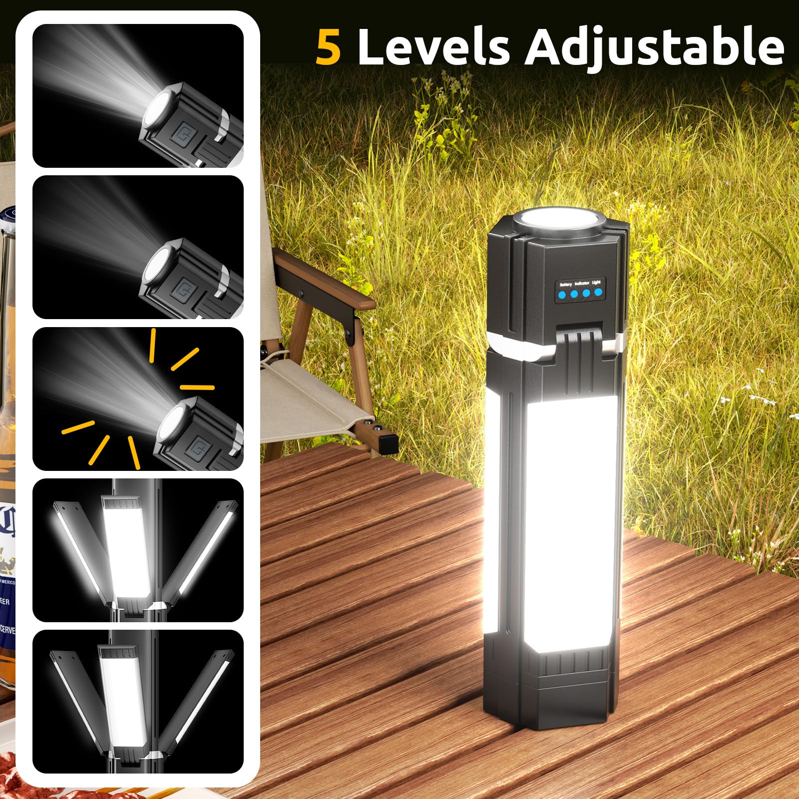 Camping Light Telescopic, Rechargeable LED Camping Lantern with 5 Lighting Modes, Collapsible Magnetic Camping Lantern for Emergency, Camping, Hiking (Black)