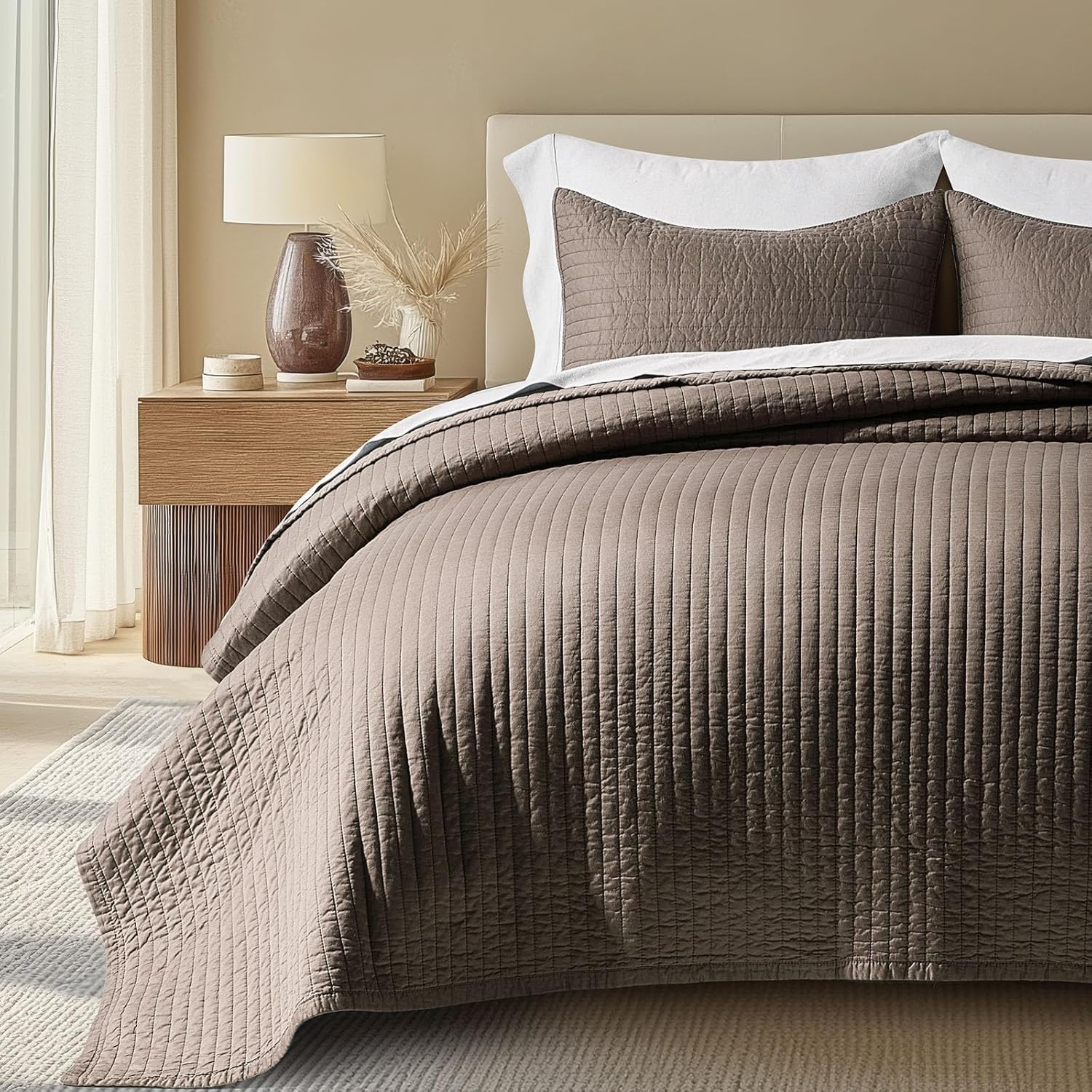 EVERGRACEHOME Cotton Sateen Quilt Set Queen Size, Pre-Washed Cotton Channel Stitch Coverlet Bedspread, 3 Pieces Lightweight Soft Bedding Sets for All Season, with 2 Pillow Shams, Mocha Brown