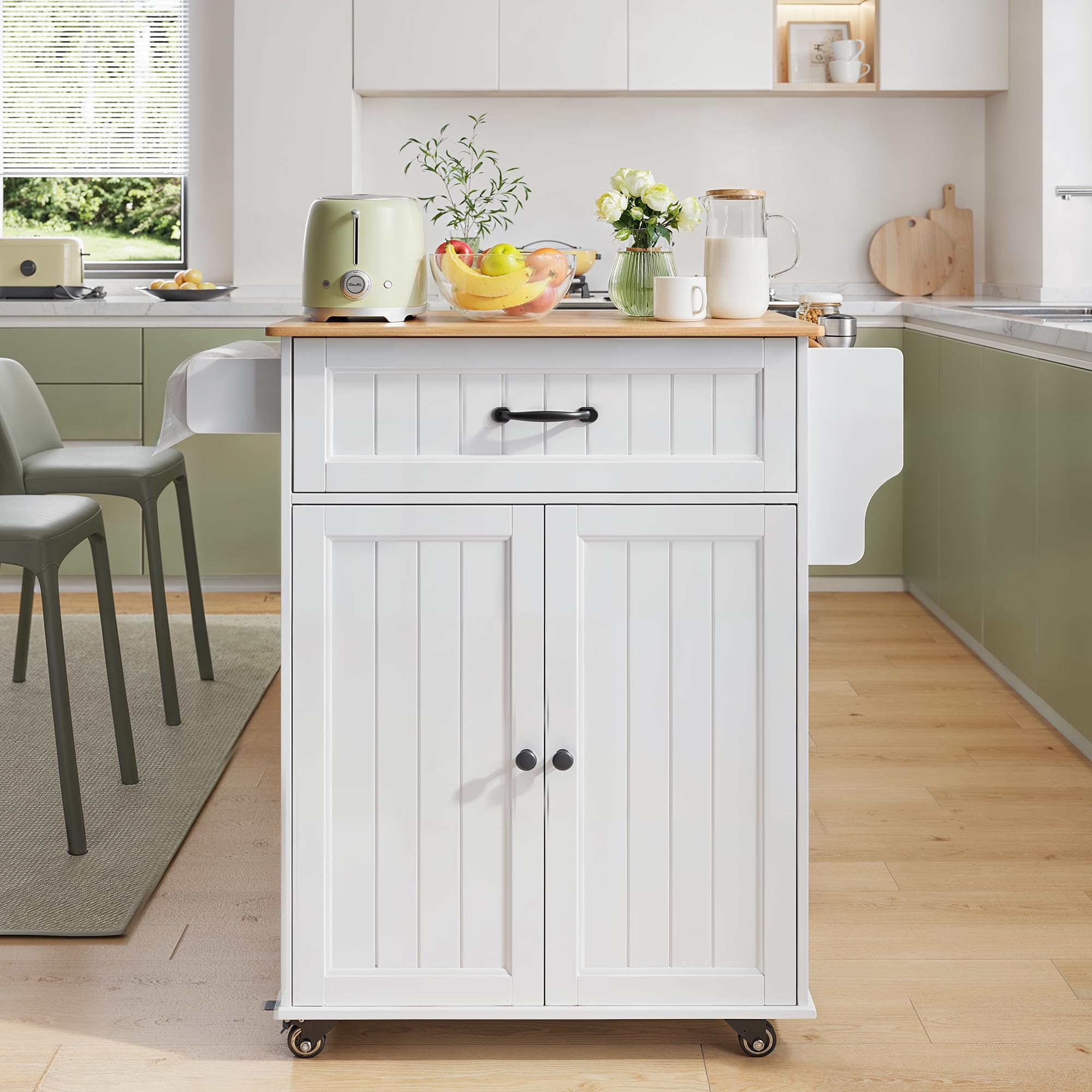 Bealife Carrello da Cucina, Mobile Cucina,con Ruote e Piano di Lavoro，Carrello di Servizio con 2 Ante e 1 Cassetto, Carrello Salvaspazio per Cucina e Soggiorno (Bianco)