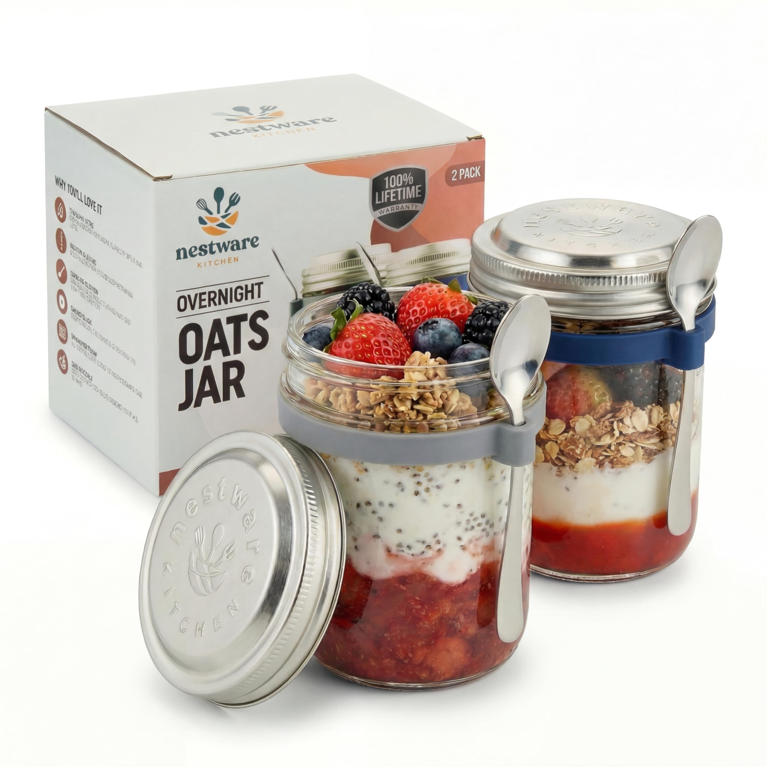 Nestware Kitchen Overnight Oats Jar with Spoon [2-Pack] – 350ml Glass Breakfast Container with 50g Measuring Lid – Leak Proof Seal – For Chia, Yoghurt, Oatmeal & Meal Prep