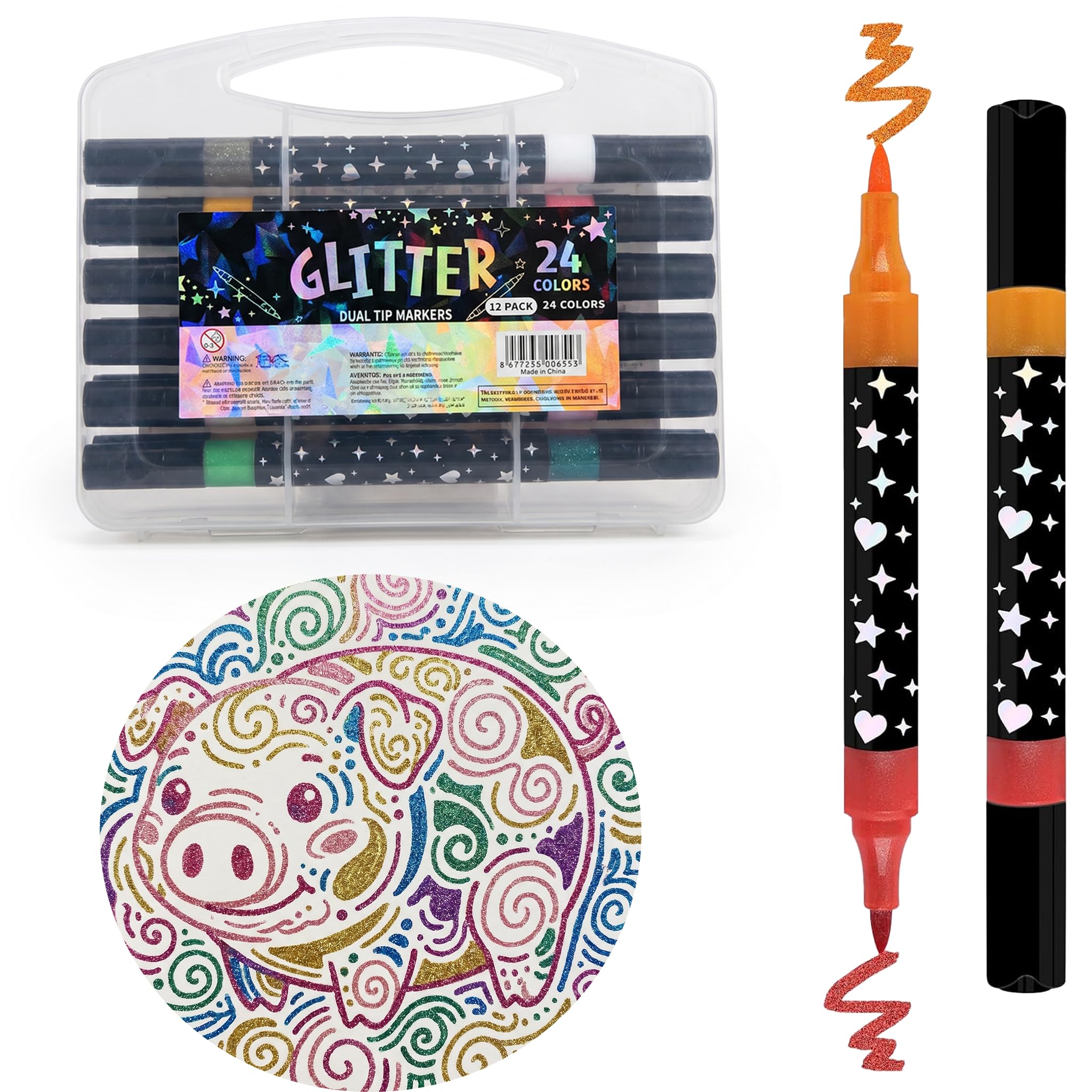 CleaZeny 12 Pack 24 Colours Dual-Tip Glitter Pens, Glitter Markers, Soft Flexible Tip Art Pens for Adults, Professionals, Journaling, Scrapbooking, and DIY Crafts
