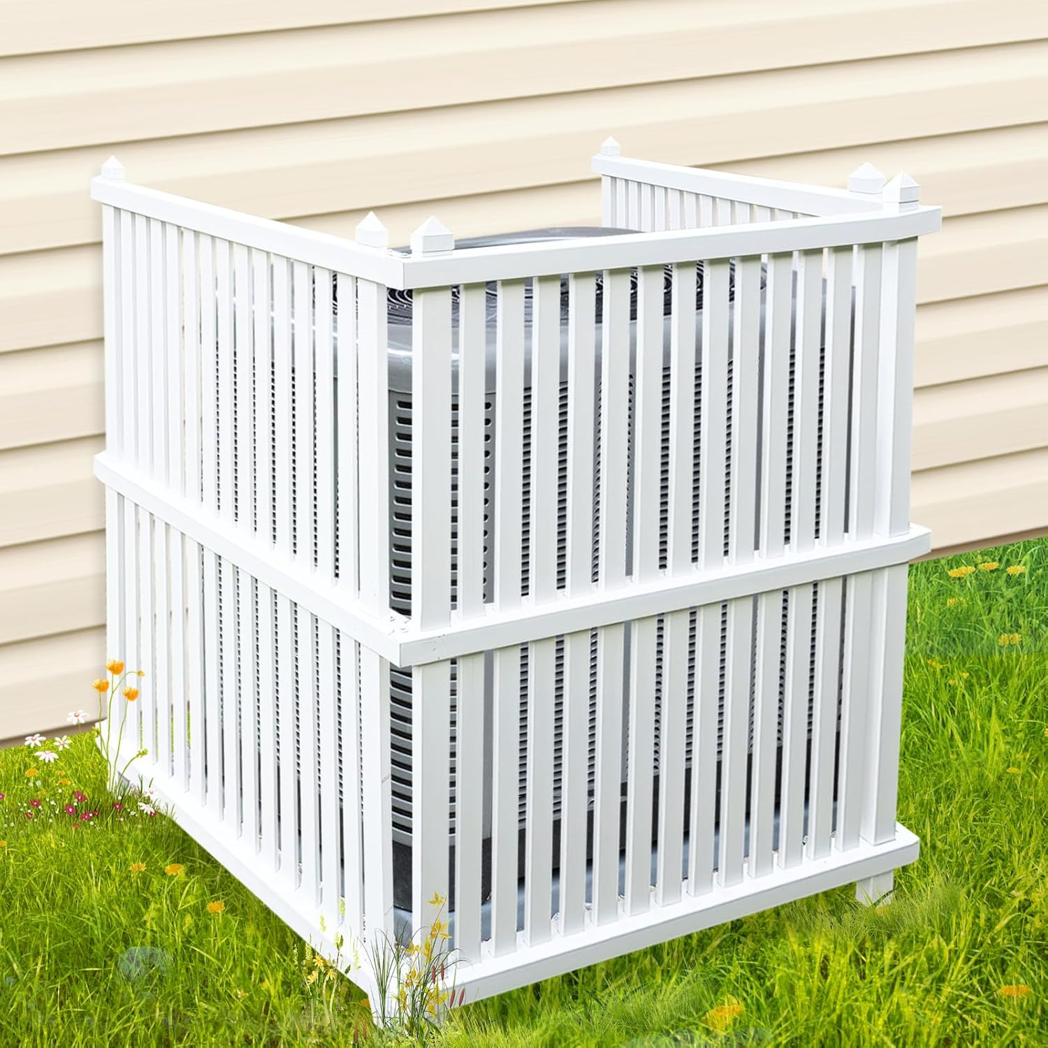 Air Conditioner Fence Trash Can Fence 48" W X 48" H Pool Equipment Enclosure Vinyl Privacy Fence Outdoor No Dig Privacy Fence 3 Panels with Metal Stake, White 48"W x 48"H Vertical-3 Panels