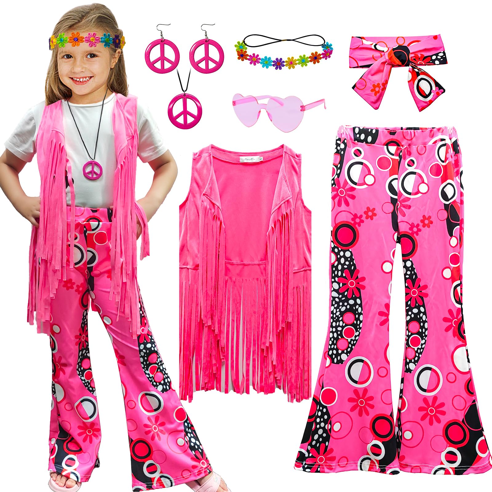 XonyiCos 8 Pcs Girls Kids 60s 70s Hippie Costume Disco Outfits Fringe Vest Boho Bell Bottoms Hippie Outfits Accessories Set