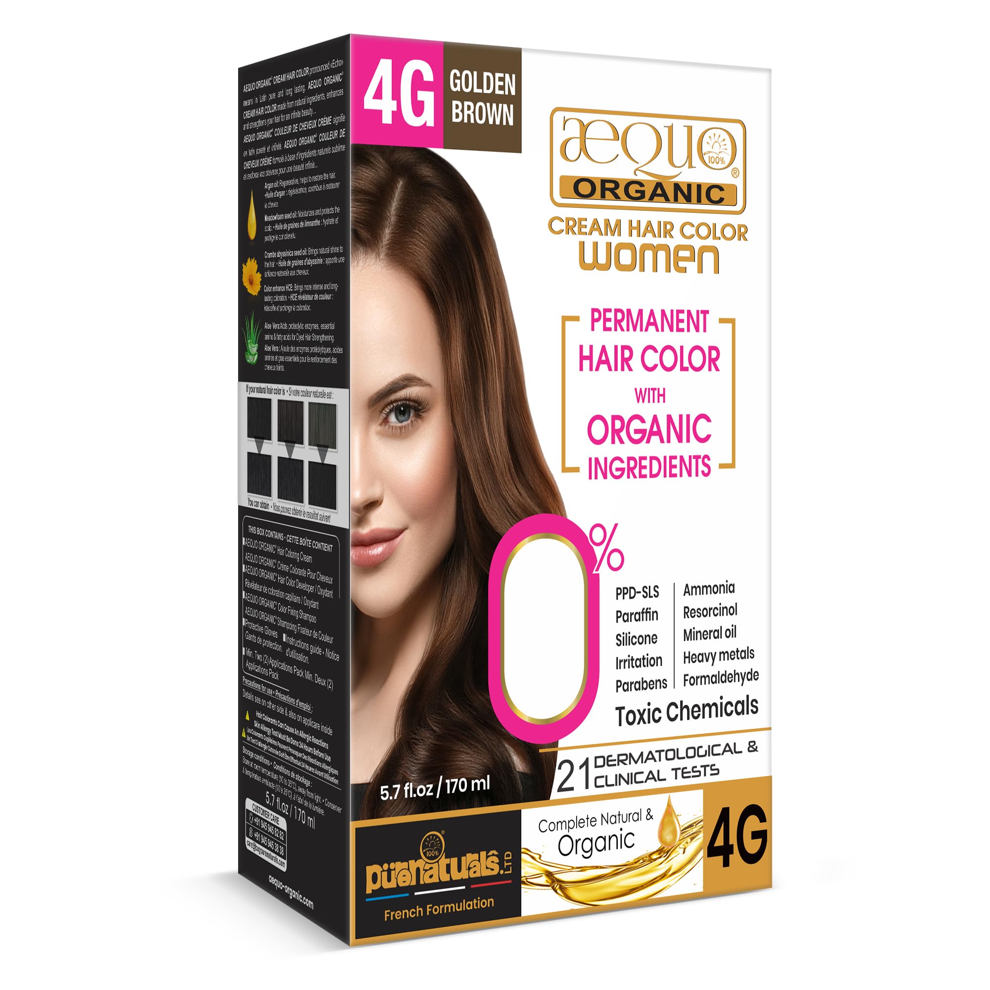 Aequo Organic Cream Hair Colour With QH+ Water | Natural, 100% Grey Coverage, Long-Lasting, PPD & Ammonia Free Permanent Hair Conditioning Color For Women | 4G Golden Brown 170ml, Pack Of 1