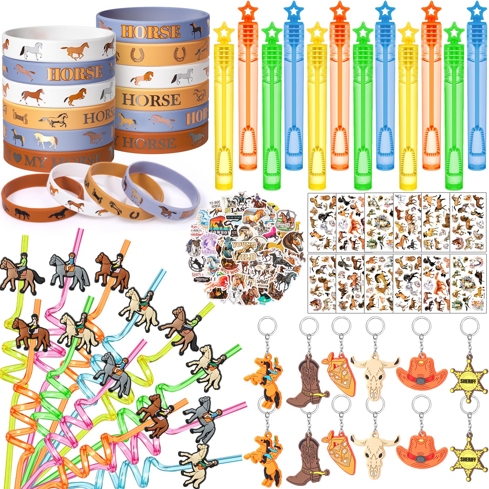 Mishopy 110Pcs Western Cowboy Party Favors Rodeo Horse Birthday Supplies Include 12 Straw Keychain Bubble Wand Silicone Bracelets Tattoos 50 Stickers,